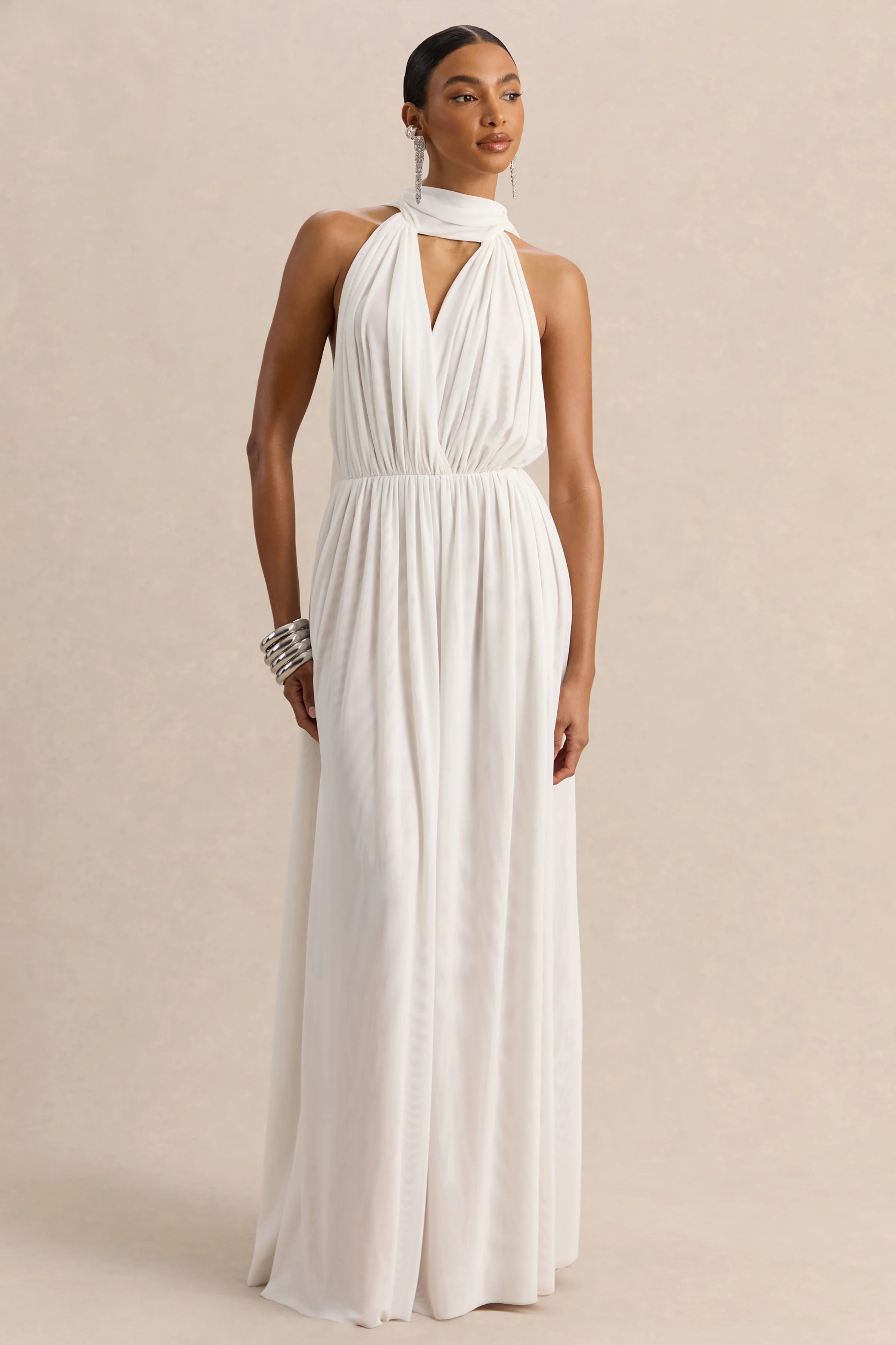 Rylina | White Mesh Halter-Neck Maxi Dress With Scarf And Open-Back