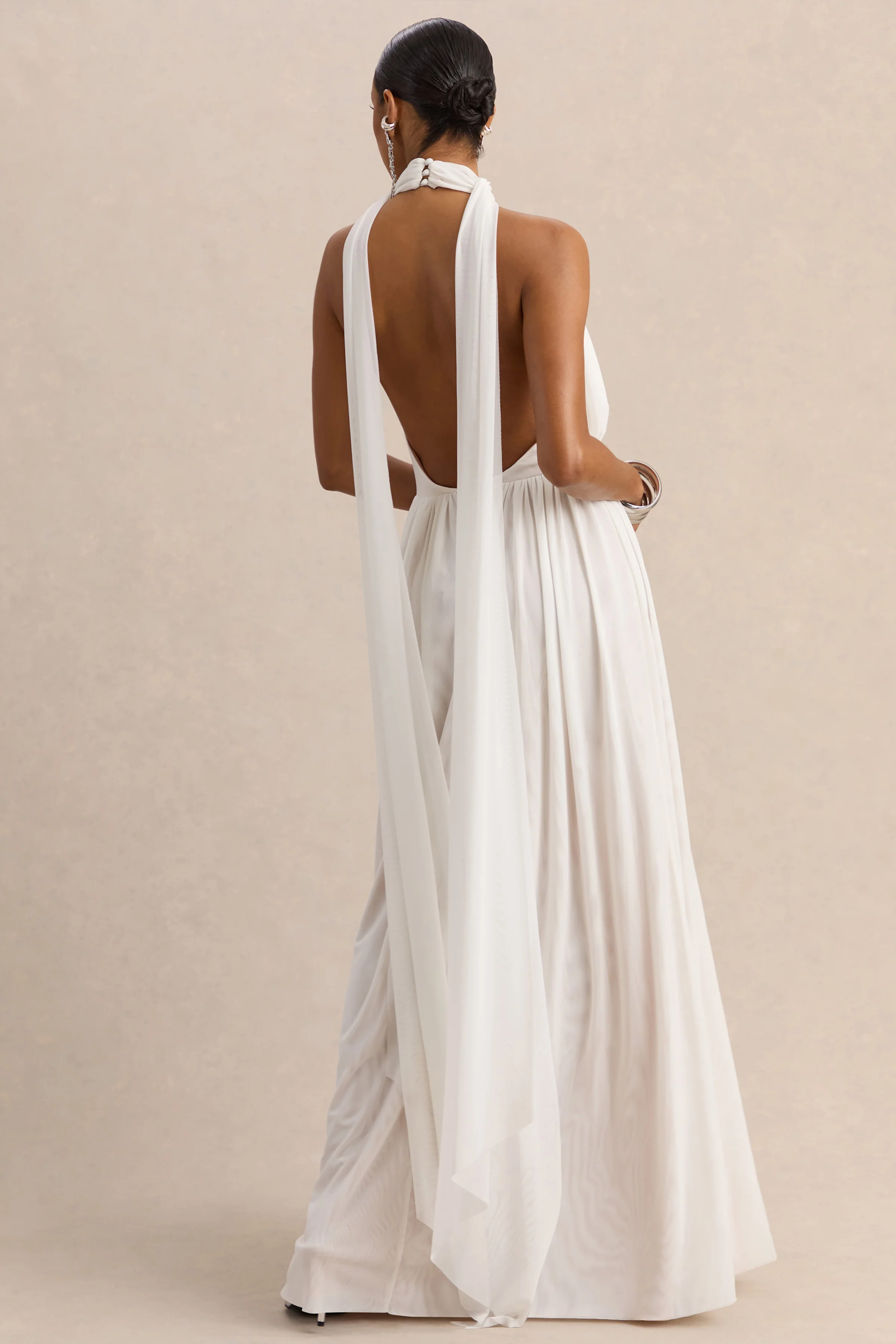 Rylina | White Mesh Halter-Neck Maxi Dress With Scarf And Open-Back - Image 2