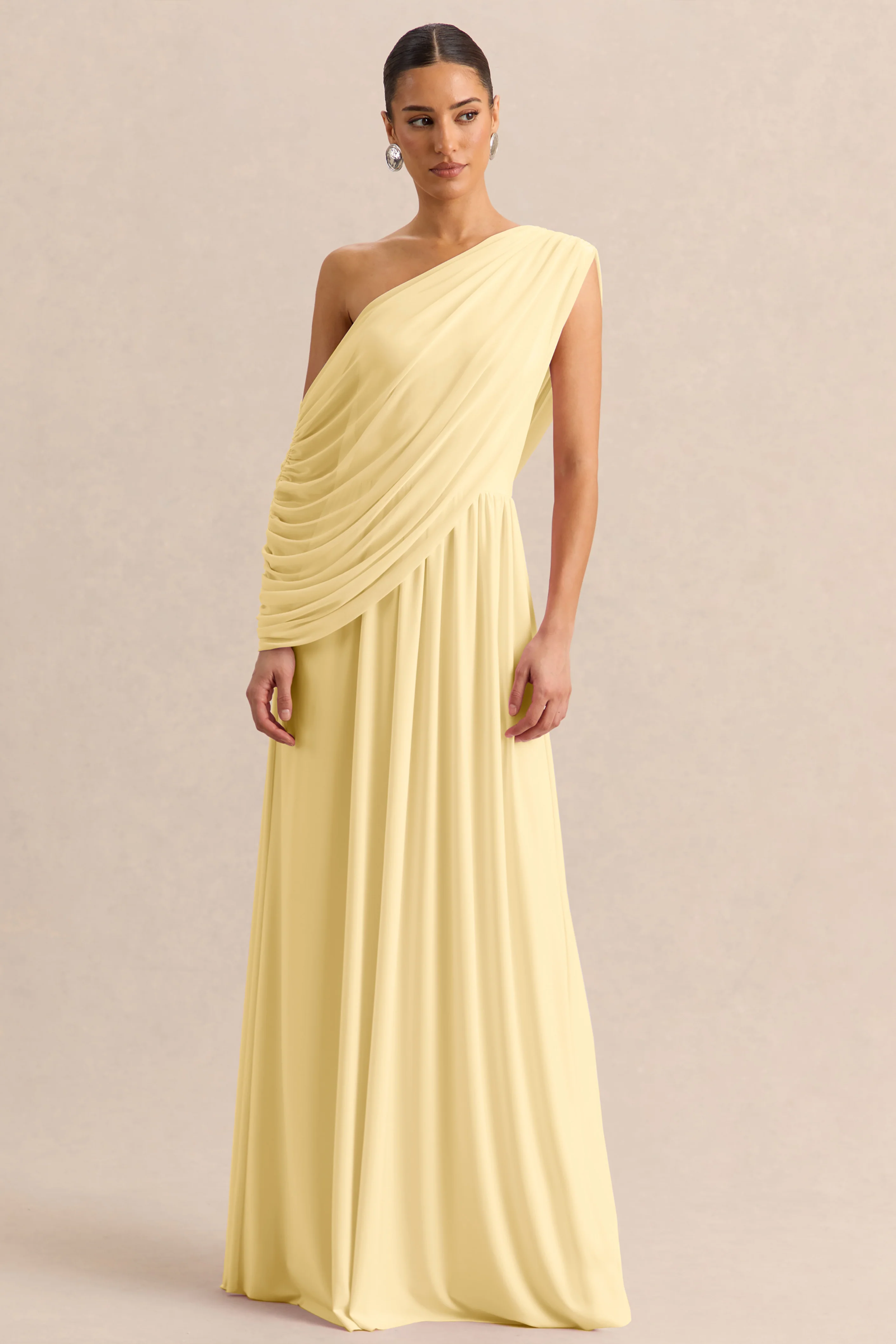 Sabianna | Lemon Asymmetric-Neck Maxi Dress With Draped Detailing