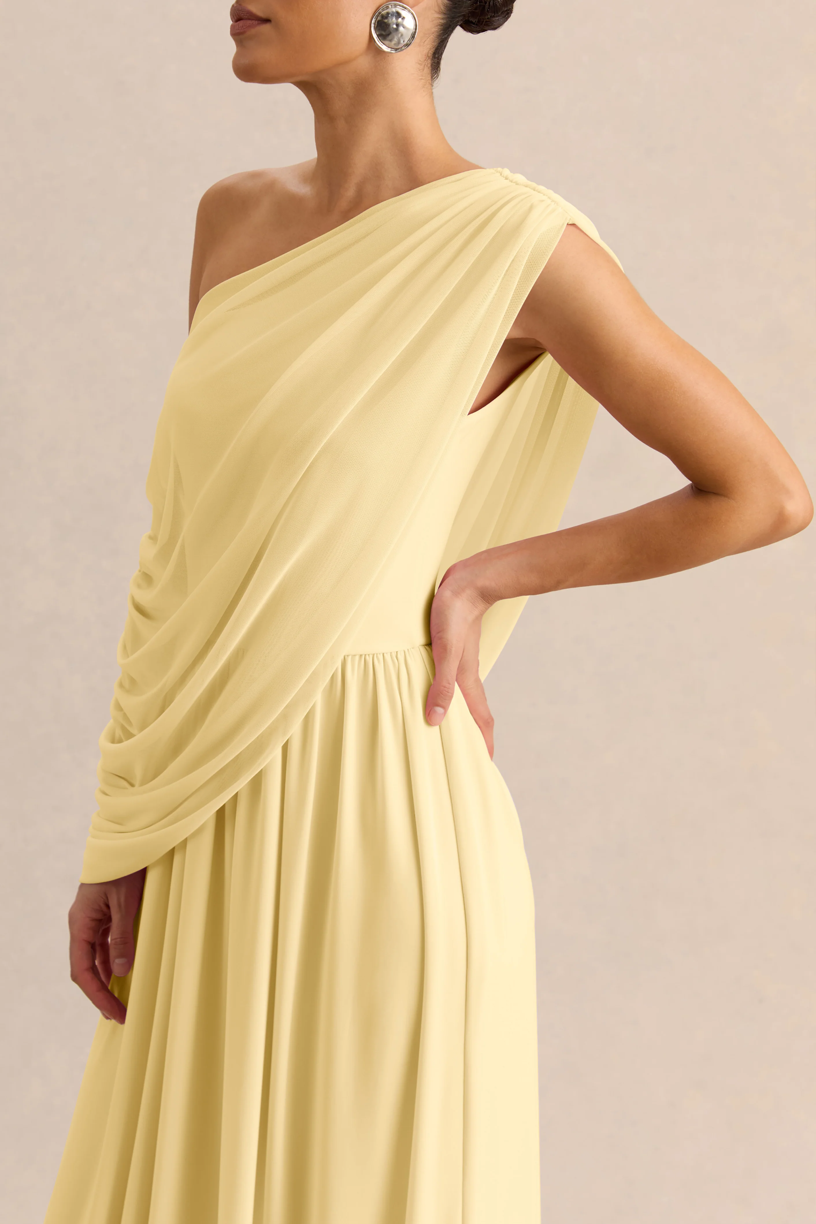 Sabianna | Lemon Asymmetric-Neck Maxi Dress With Draped Detailing - Image 3