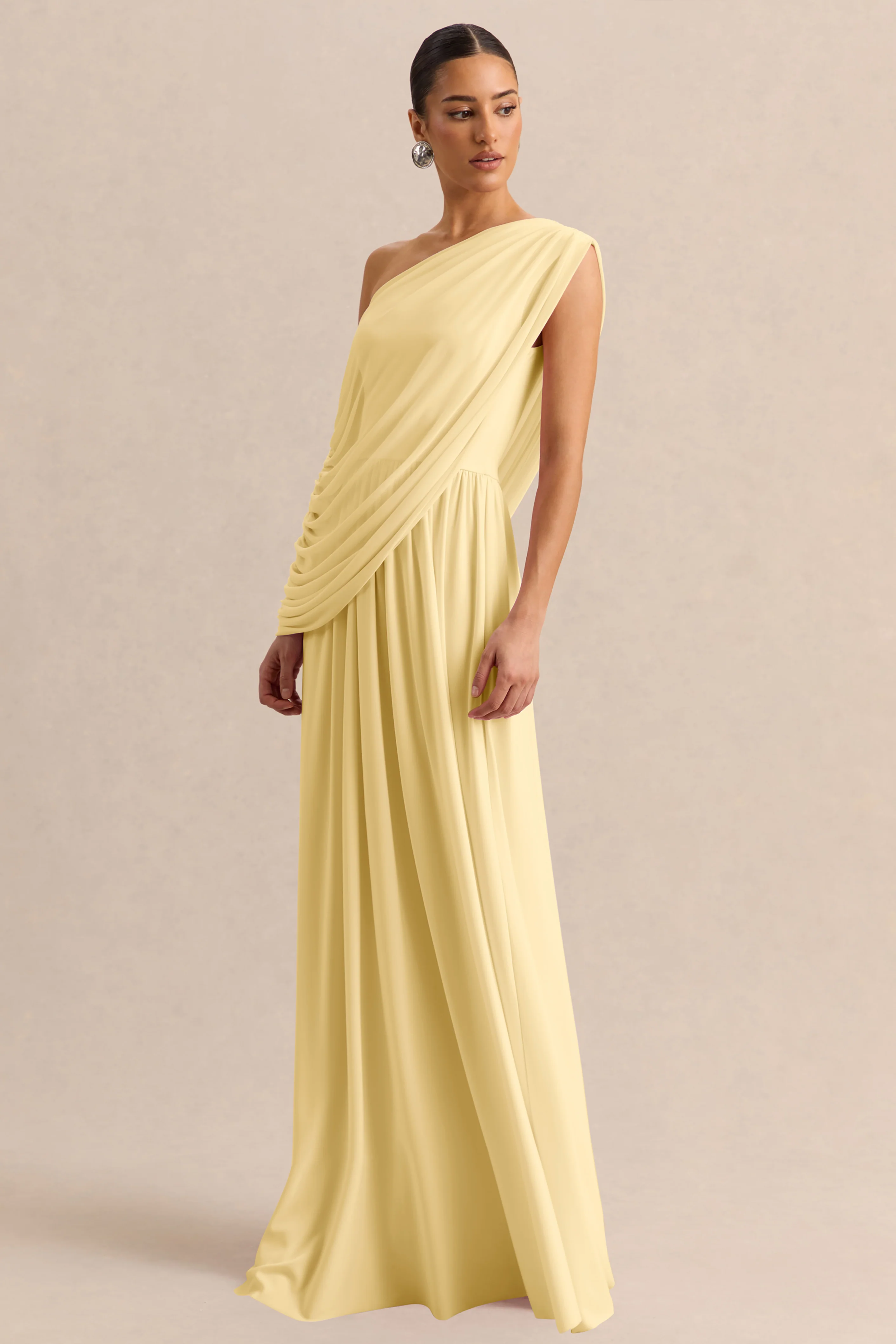 Sabianna | Lemon Asymmetric-Neck Maxi Dress With Draped Detailing - Image 4