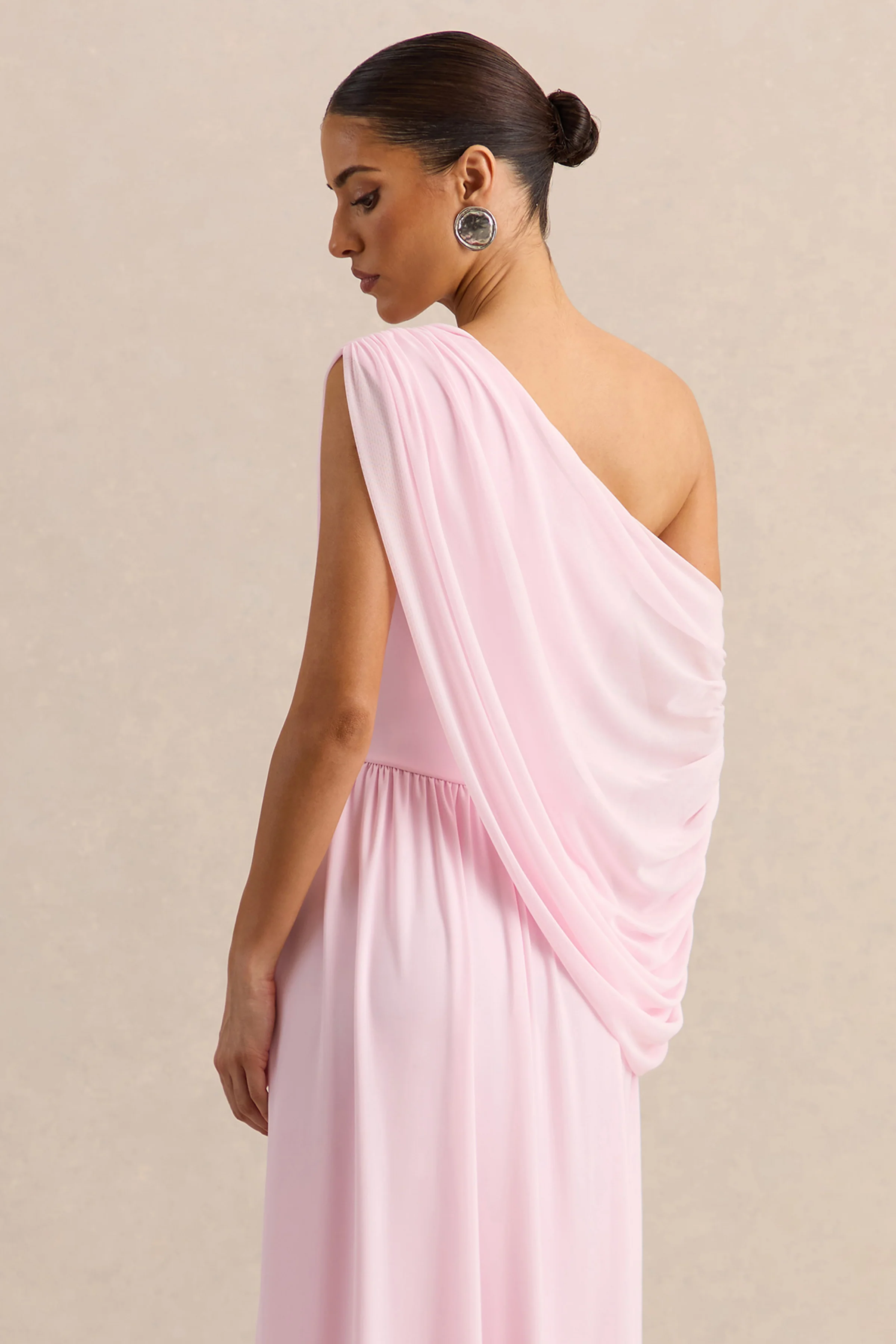 Sabianna | Pink Asymmetric-Neck Maxi Dress With Draped Detailing - Image 3