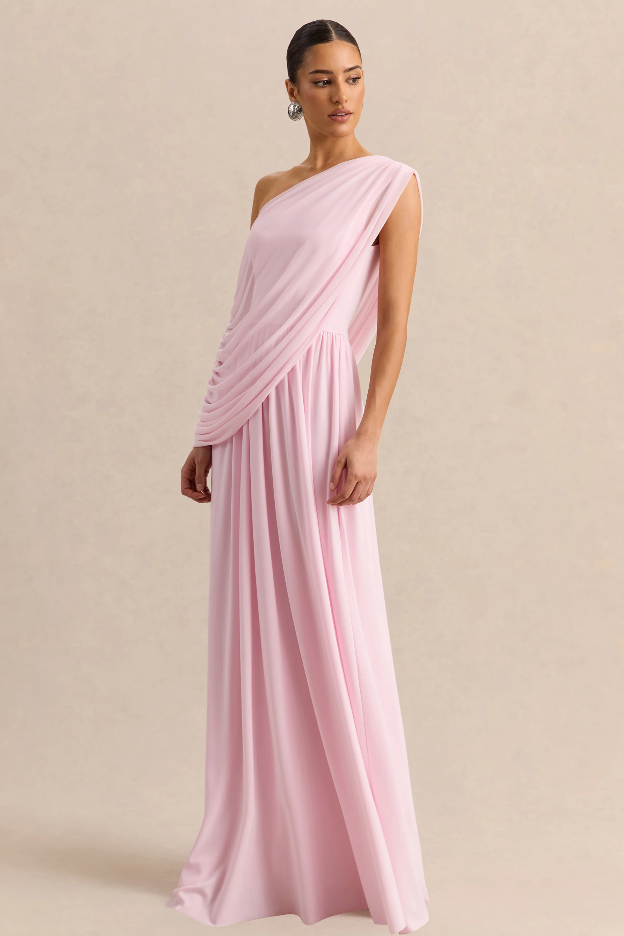 Sabianna | Pink Asymmetric-Neck Maxi Dress With Draped Detailing - Image 4