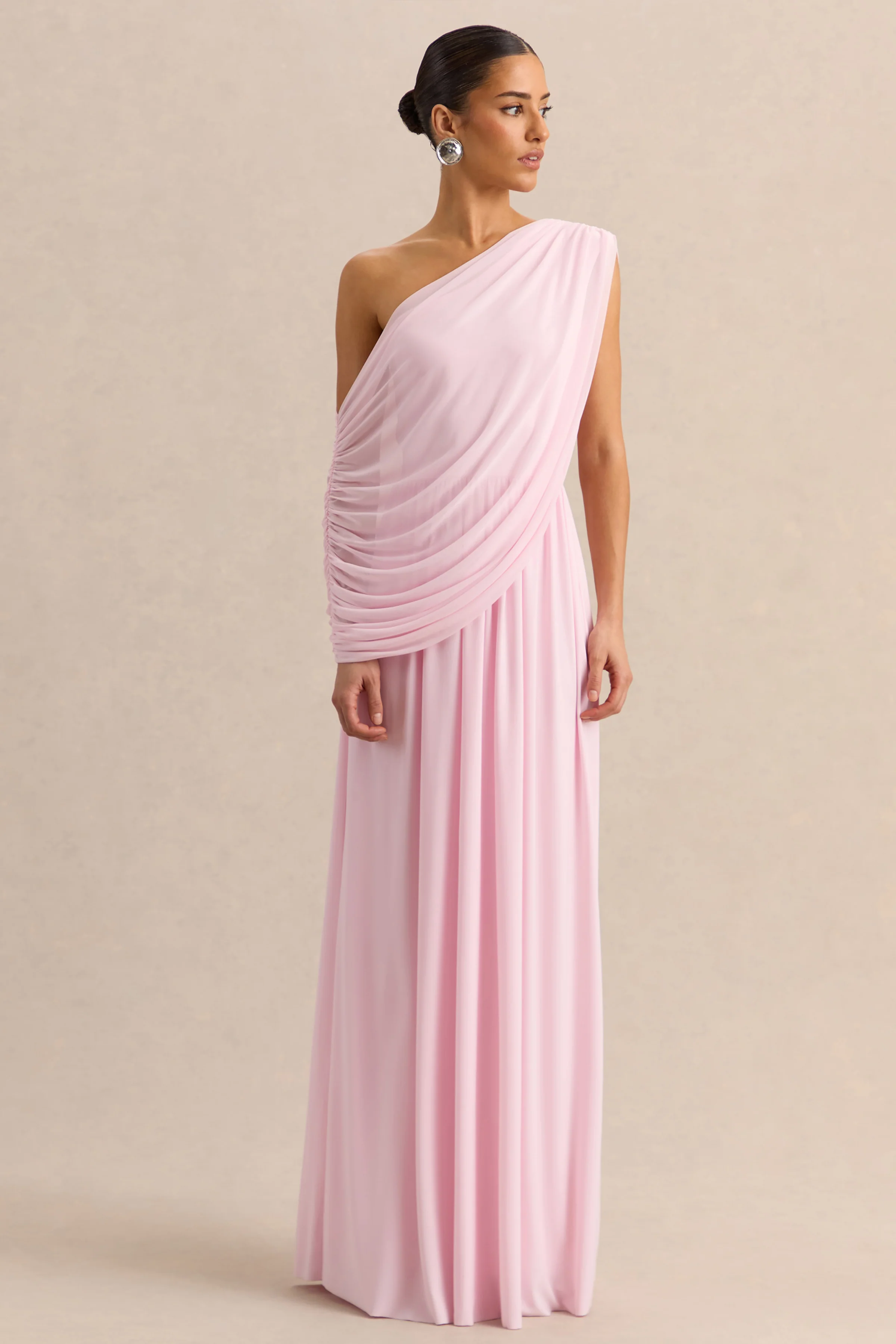 Sabianna | Pink Asymmetric-Neck Maxi Dress With Draped Detailing - Image 5