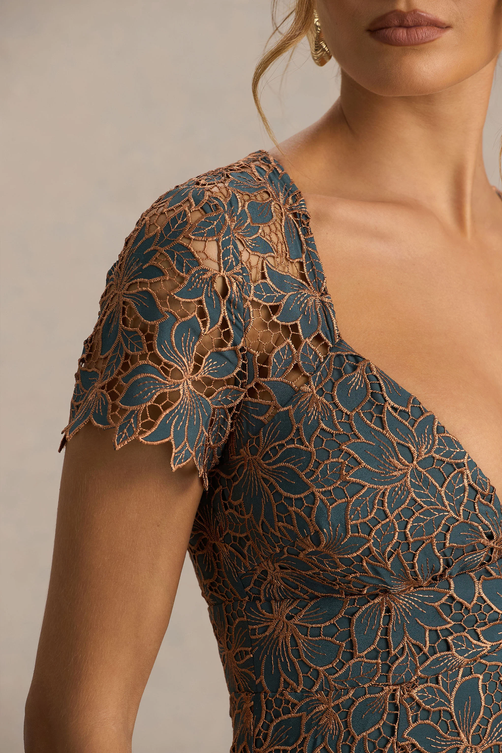 Sabrina | Dark Green And Rust Embroidered Plunge-Neck Midi Dress - Image 3