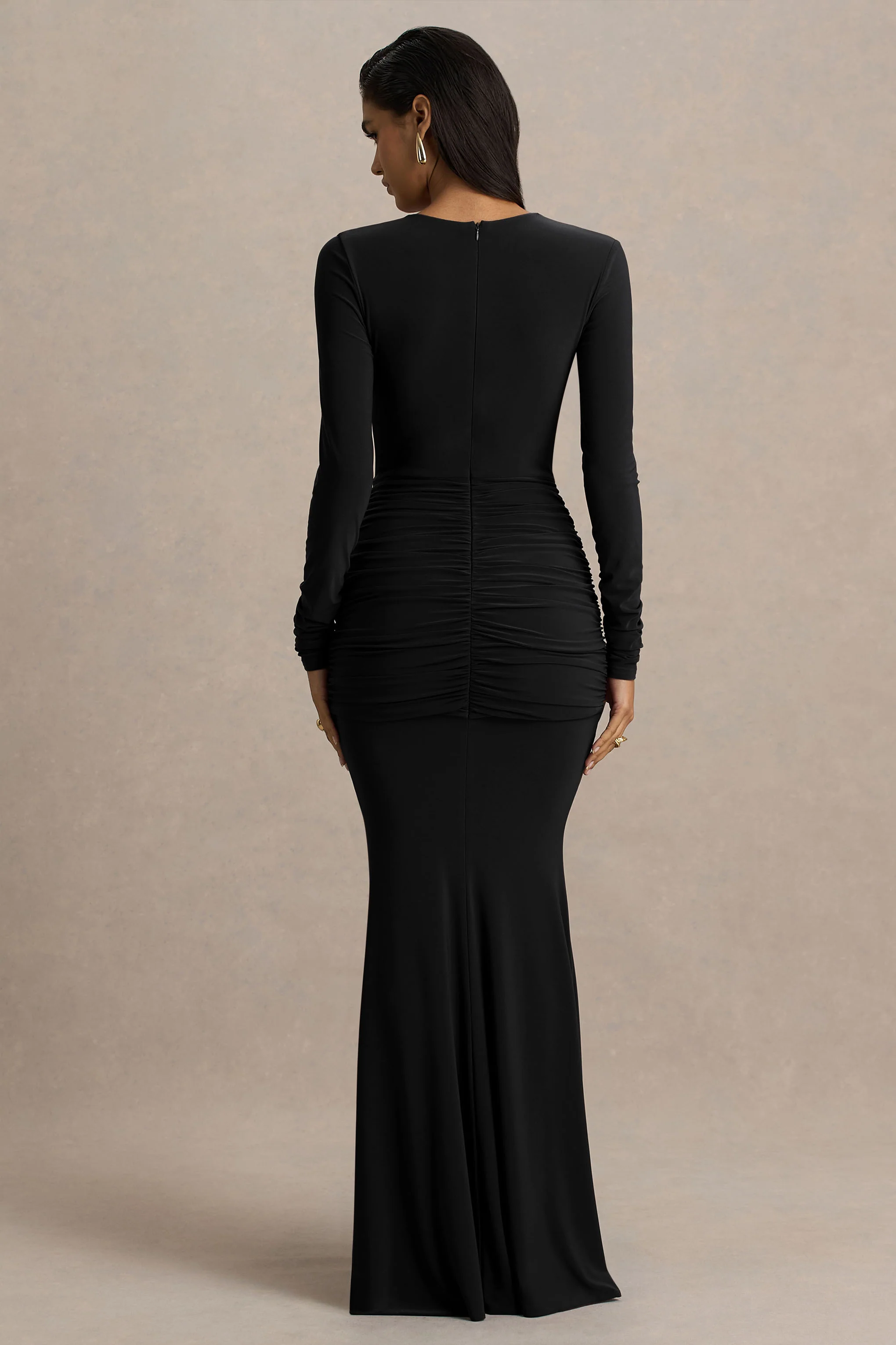 Saffie | Black Extreme-Plunge Wrap Maxi Dress With Long-Sleeves And Ruched Detailing - Image 2
