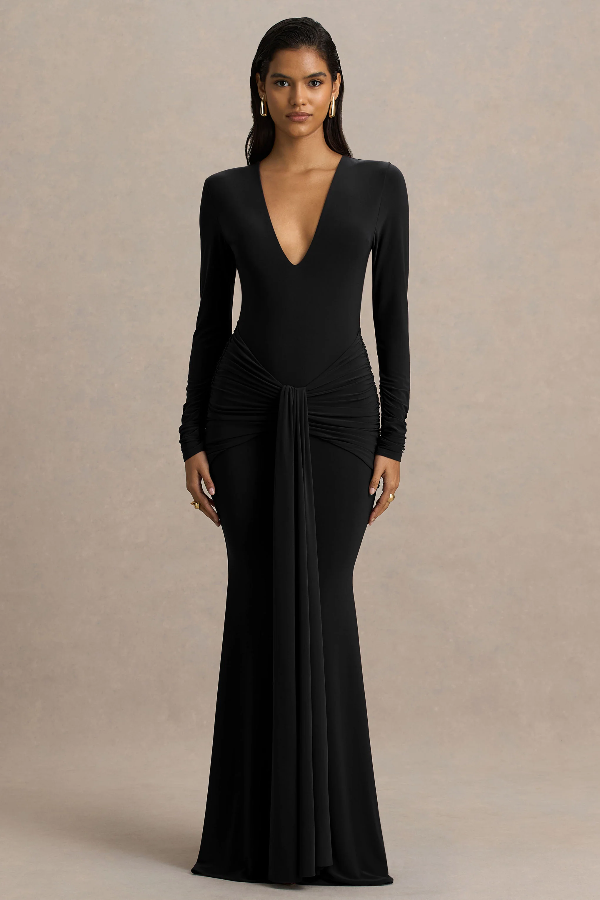 Saffie | Black Extreme-Plunge Wrap Maxi Dress With Long-Sleeves And Ruched Detailing - Image 4