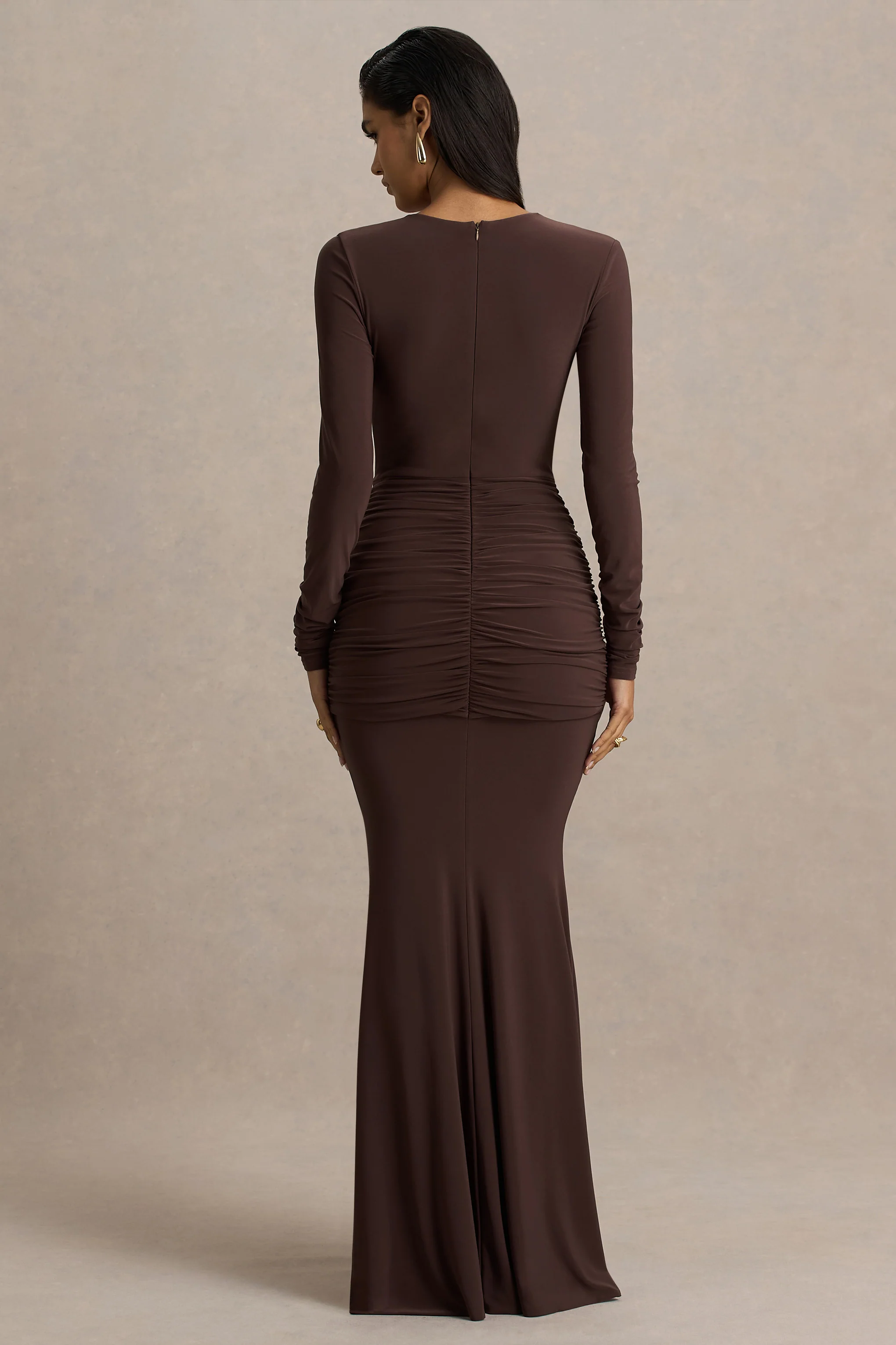 Saffie | Chocolate Extreme-Plunge Wrap Maxi Dress With Long-Sleeves And Ruched Detailing - Image 2