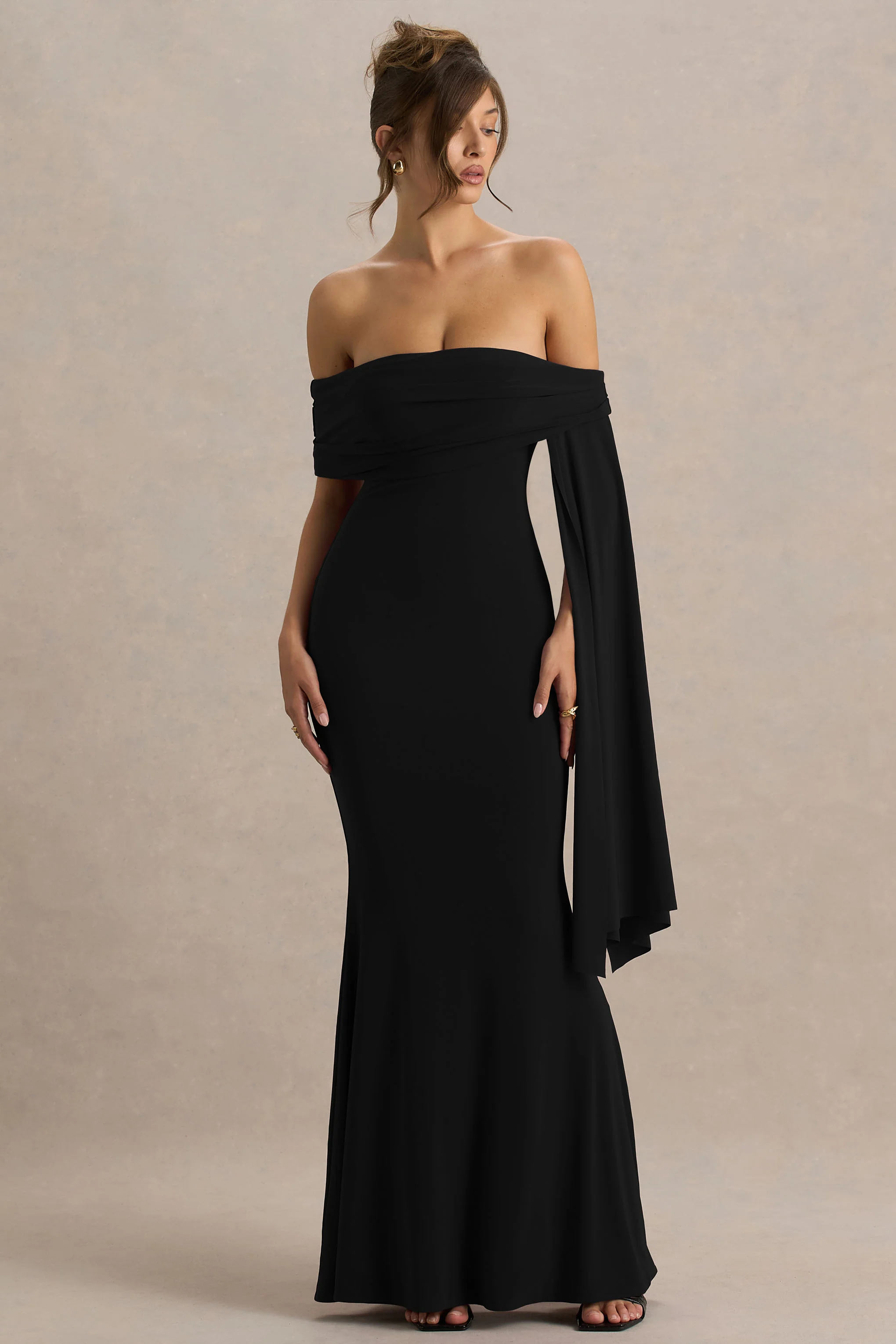 Saffina | Black Bardot-Neck Maxi Dress With Sash Detail - Image 5