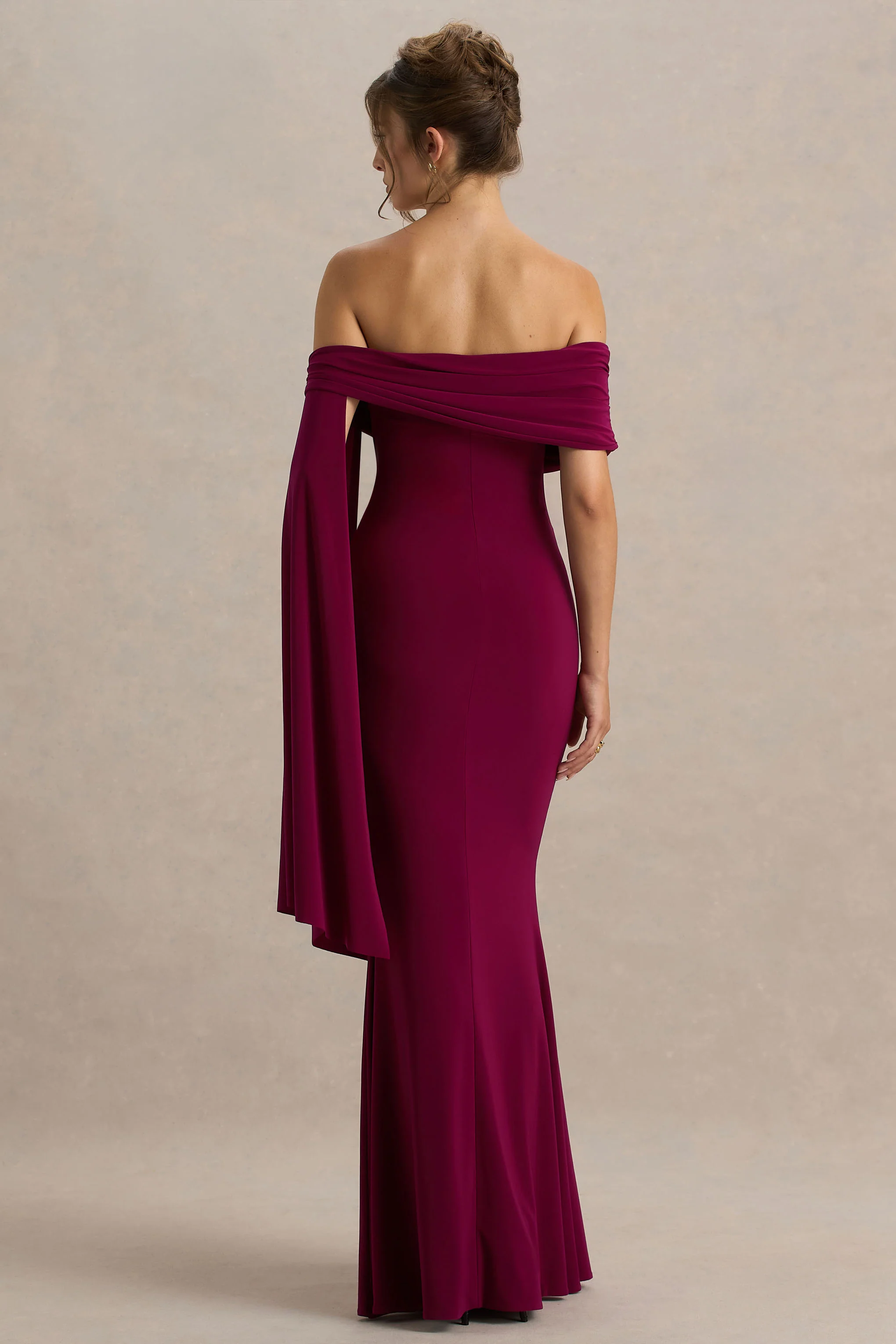 Saffina | Burgundy Bardot-Neck Maxi Dress With Sash Detail - Image 2