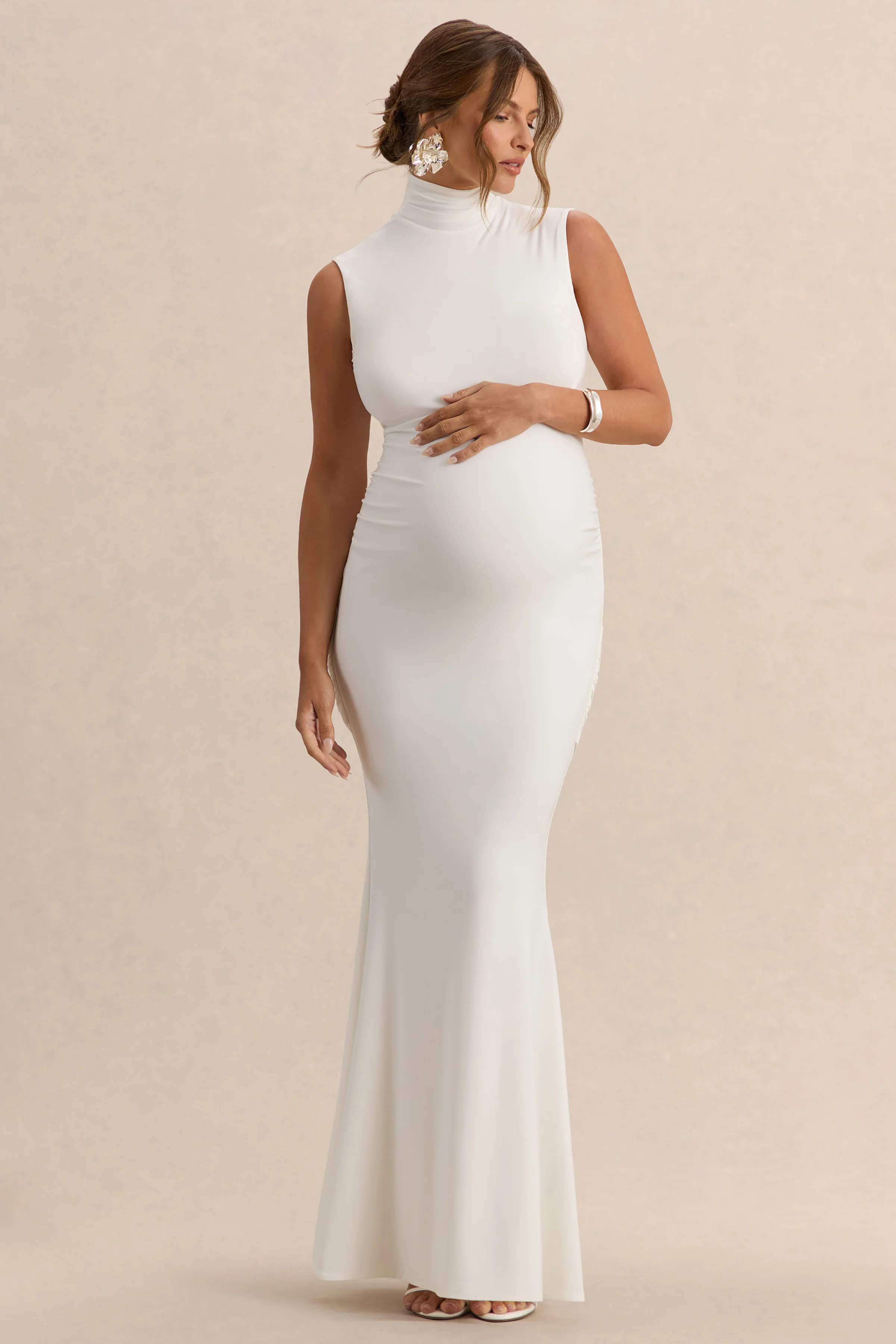 Saffira | White High-Neck Maternity Maxi Dress With Draped Detailing - Image 5