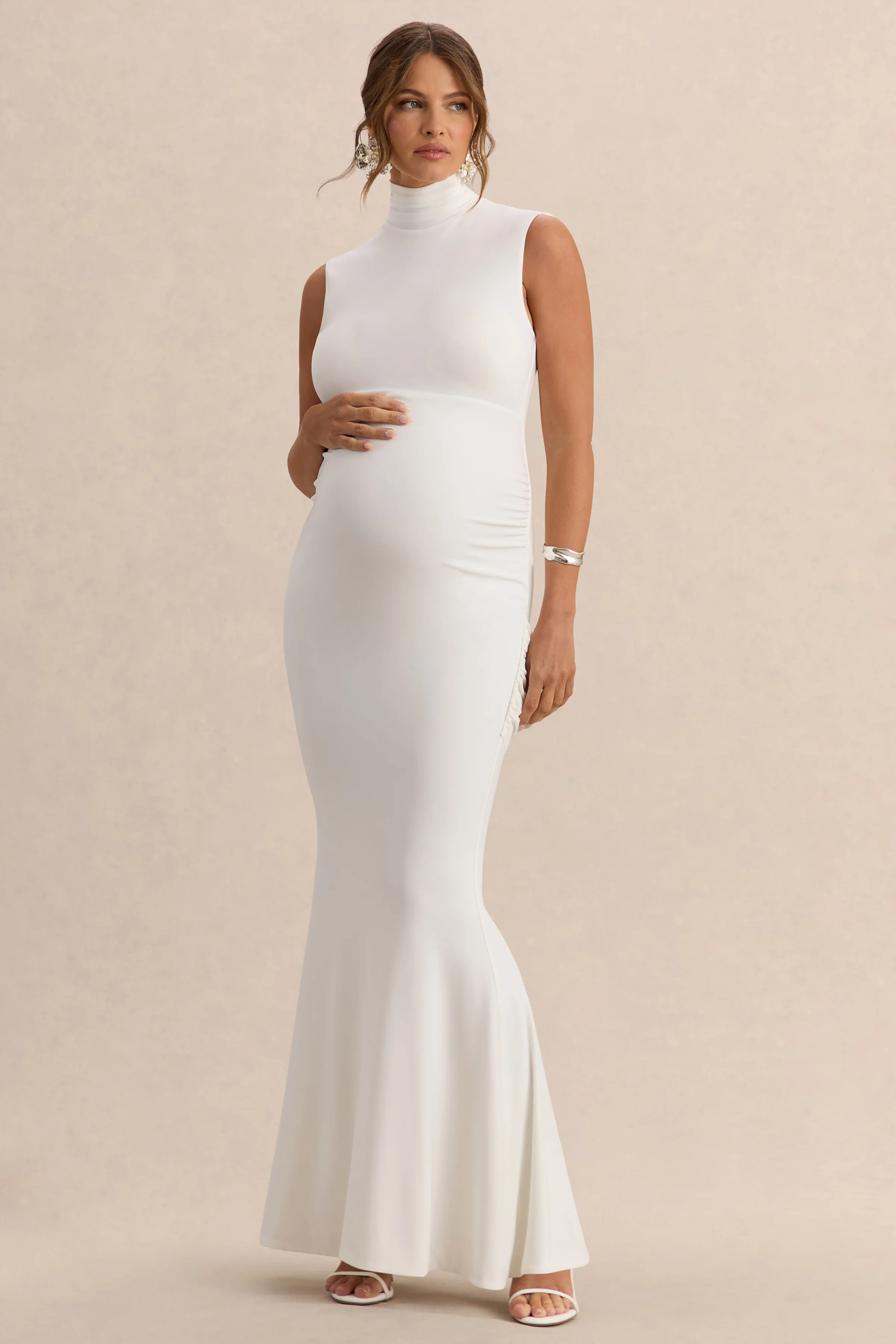 Saffira | White High-Neck Maternity Maxi Dress With Draped Detailing - Image 6