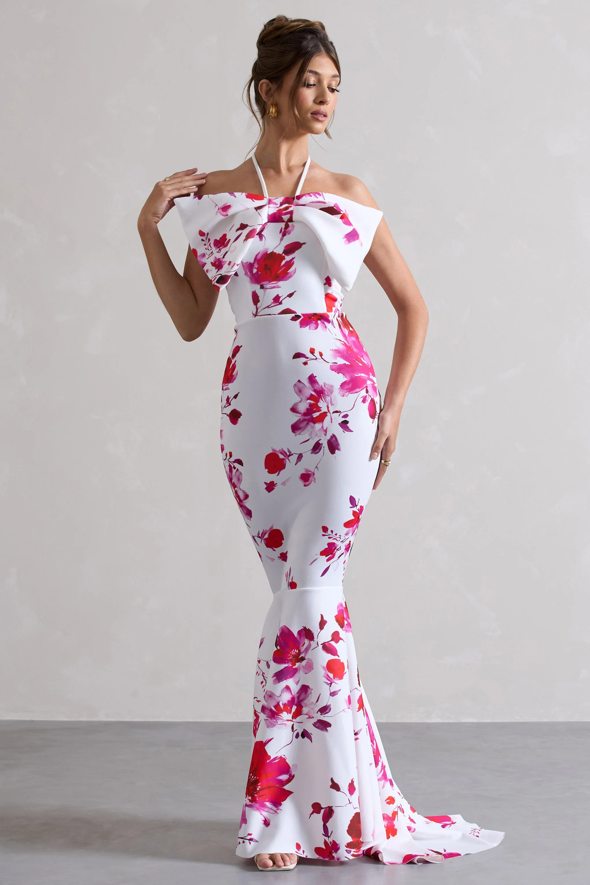 Sakura | Pink Floral Print Halter-Neck Fishtail Maxi Dress With Bow - Image 4