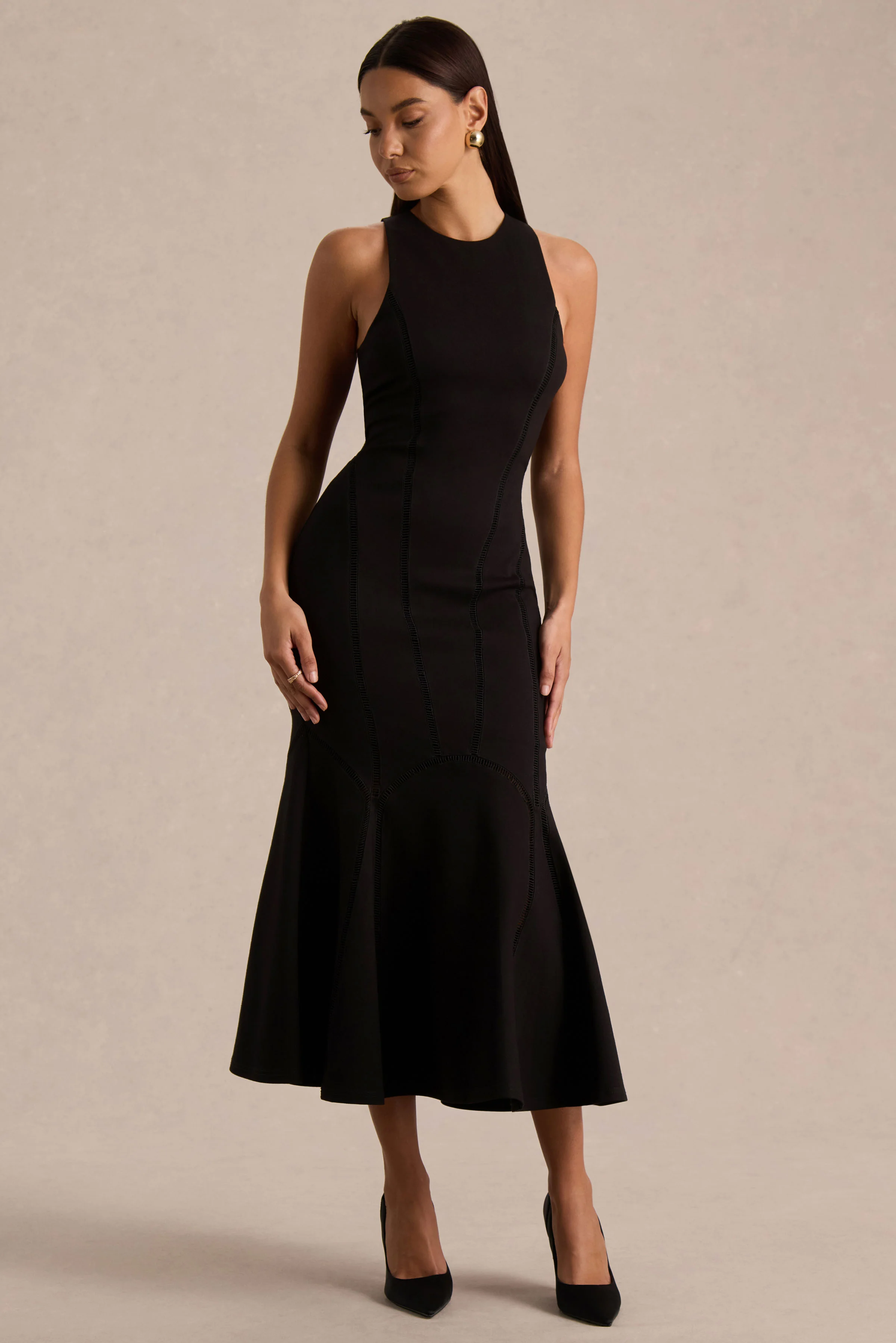 Sally | Black Crew-Neck Midi Dress With Drop Waist And Pleated Detailing - Image 5