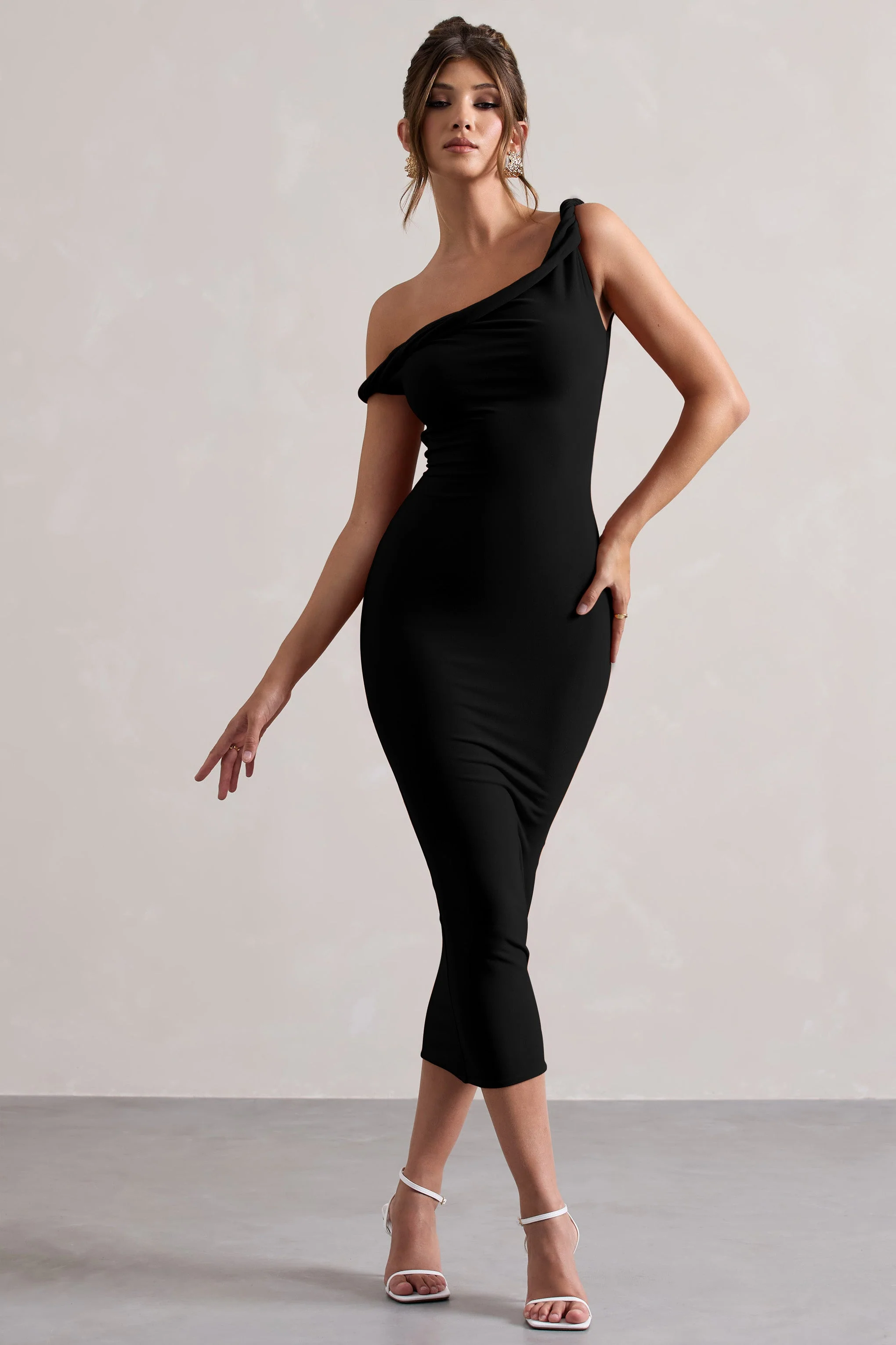 Salome | Black Twisted Asymmetric Midi Dress - Image 4