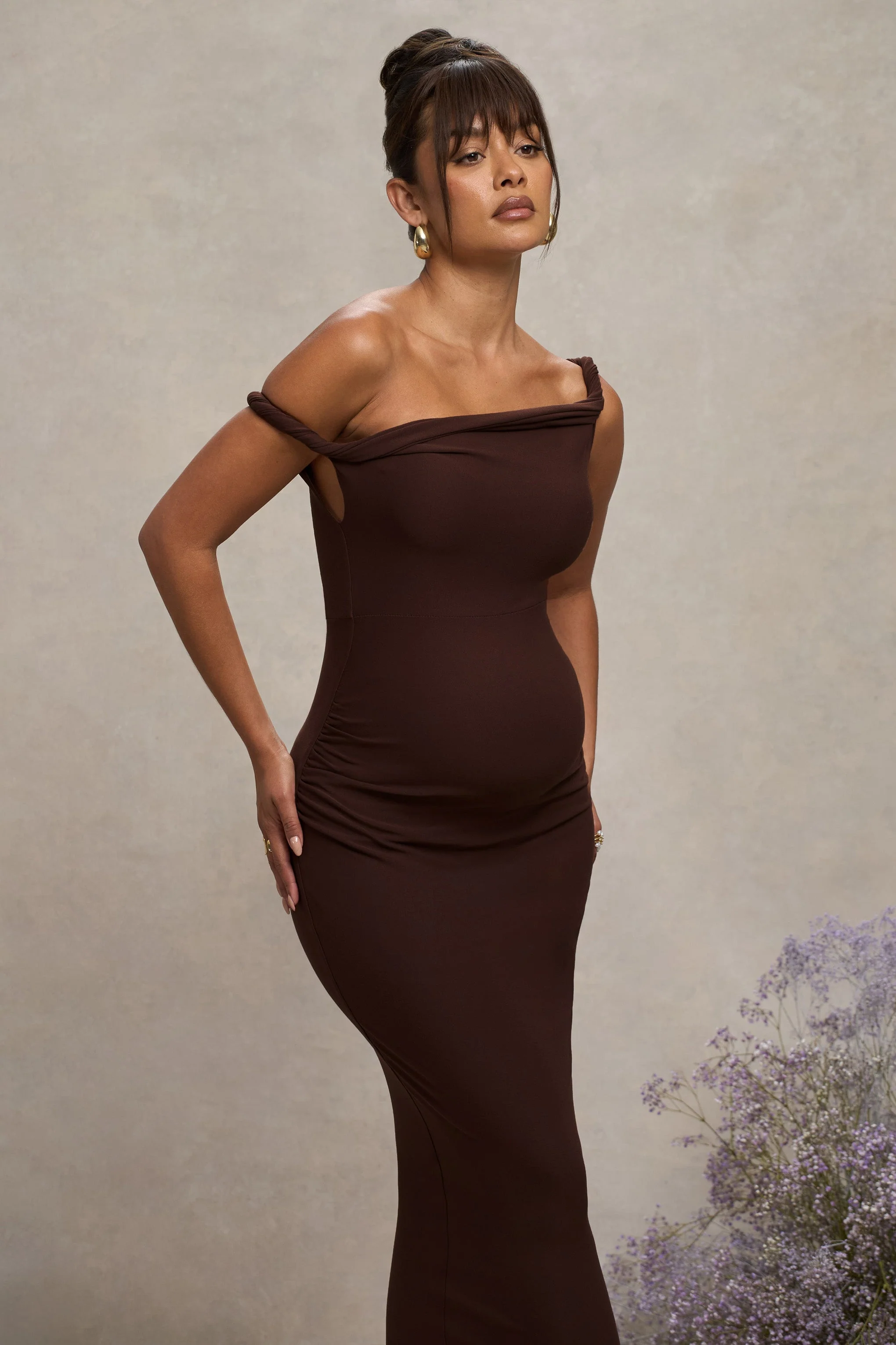 Salome | Chocolate Brown Twisted Asymmetric Maternity Midi Dress - Image 3