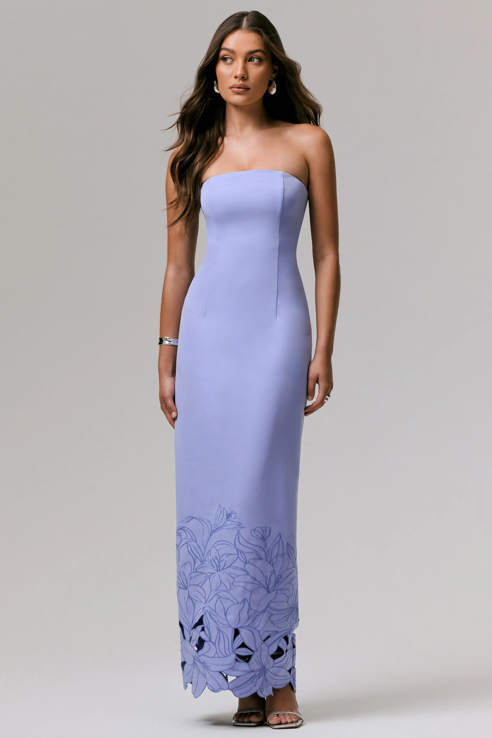 Samara | Purple Bandeau Maxi Dress With Cut-Out Crochet Hem - Image 4