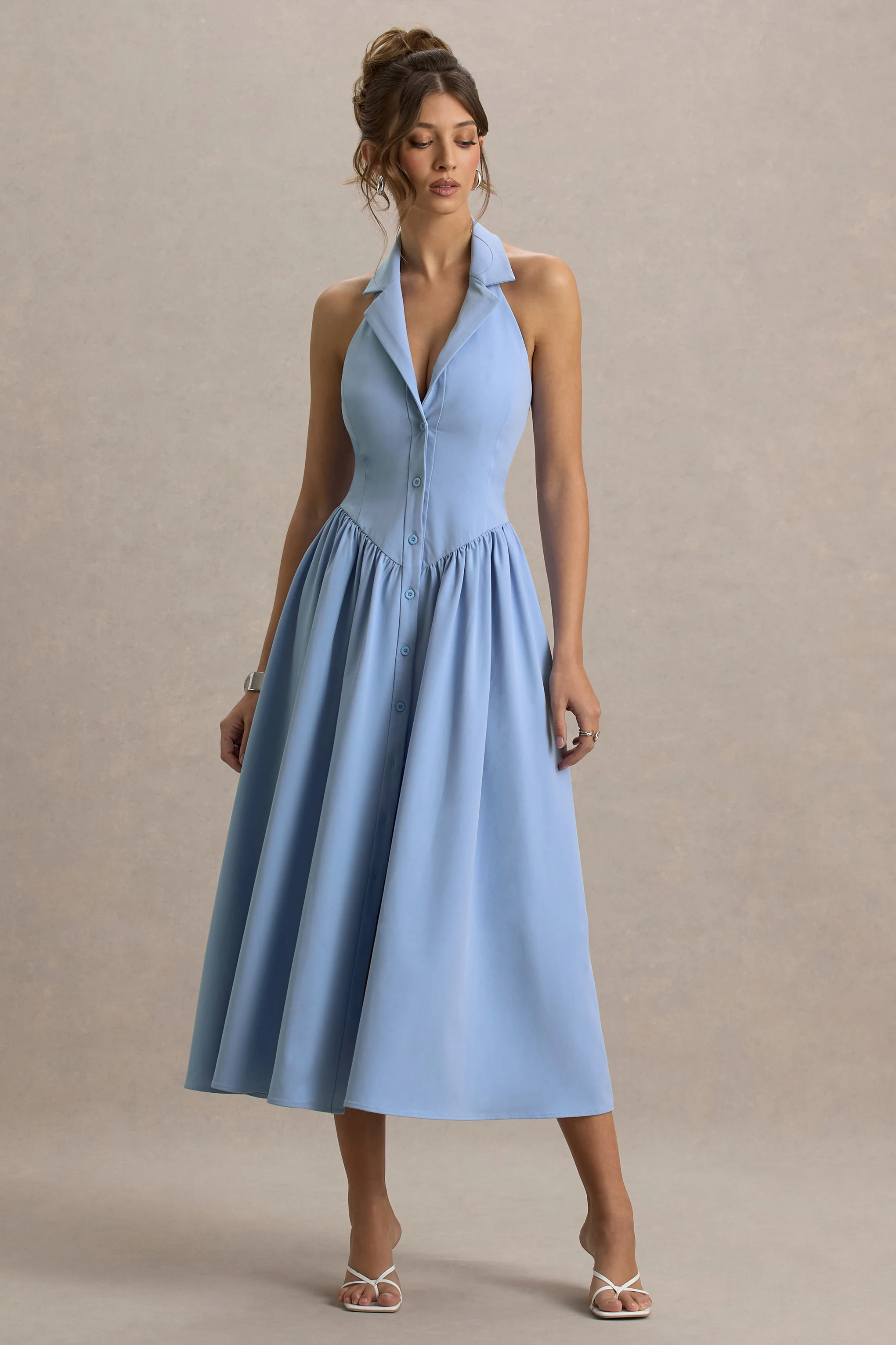 Samsara | Light Blue Plunge-Neck Collared Midi Dress - Image 4