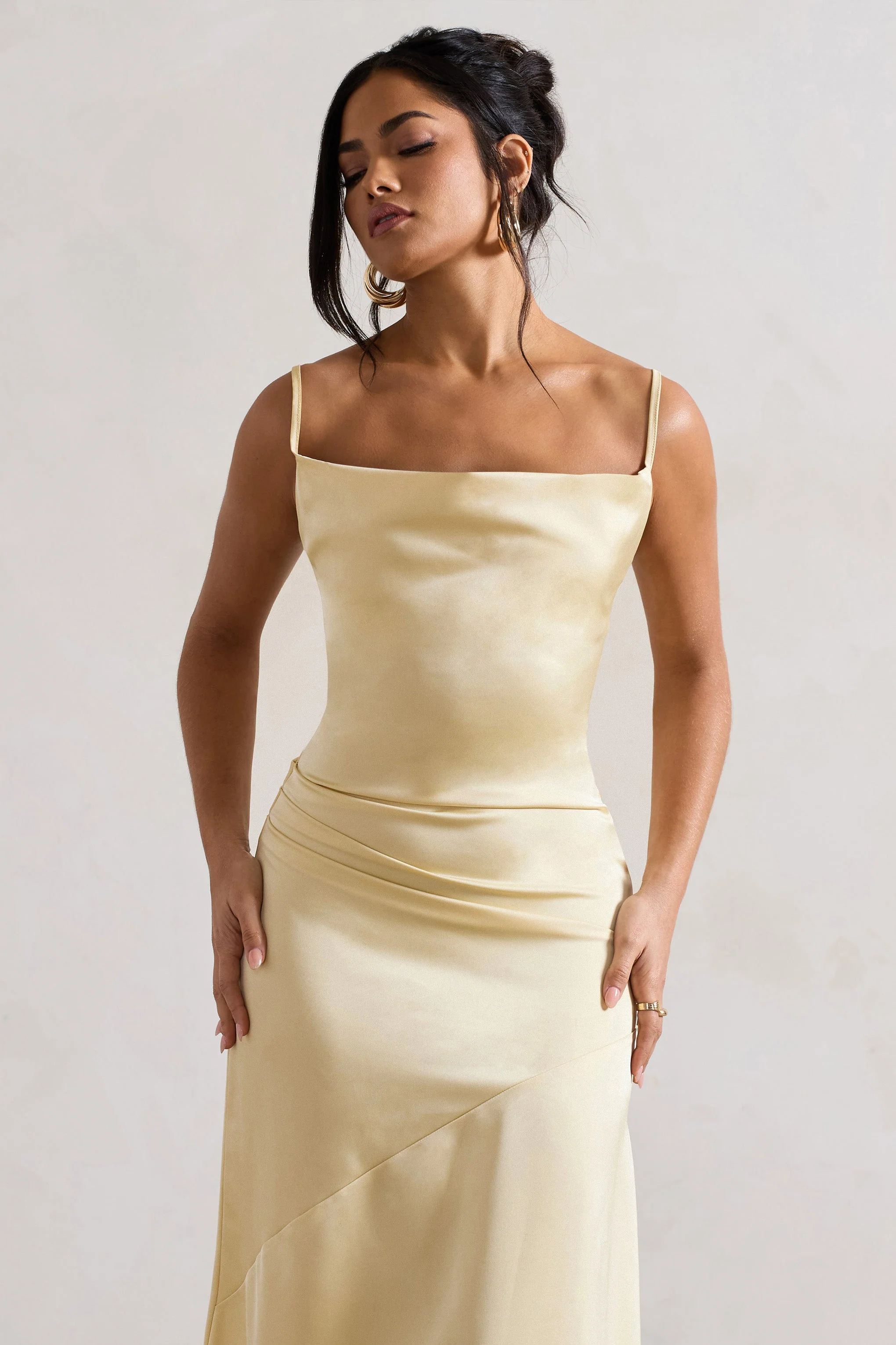 Santi | Lemon Satin Cowl-Neck Asymmetric Maxi Dress - Image 3