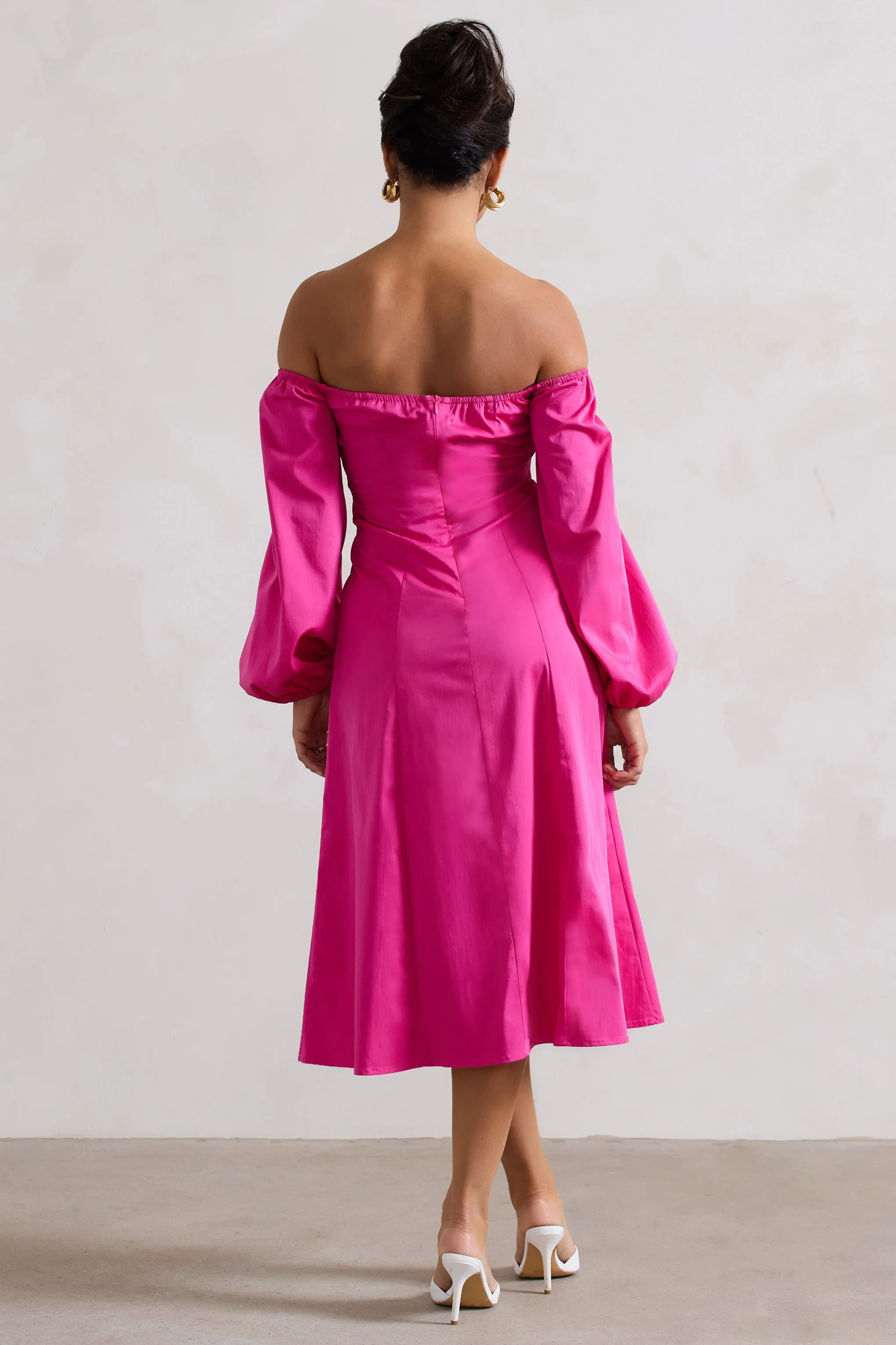 Santino | Hot Pink Twisted Bardot Puff-Sleeve Midi Dress - Image 2