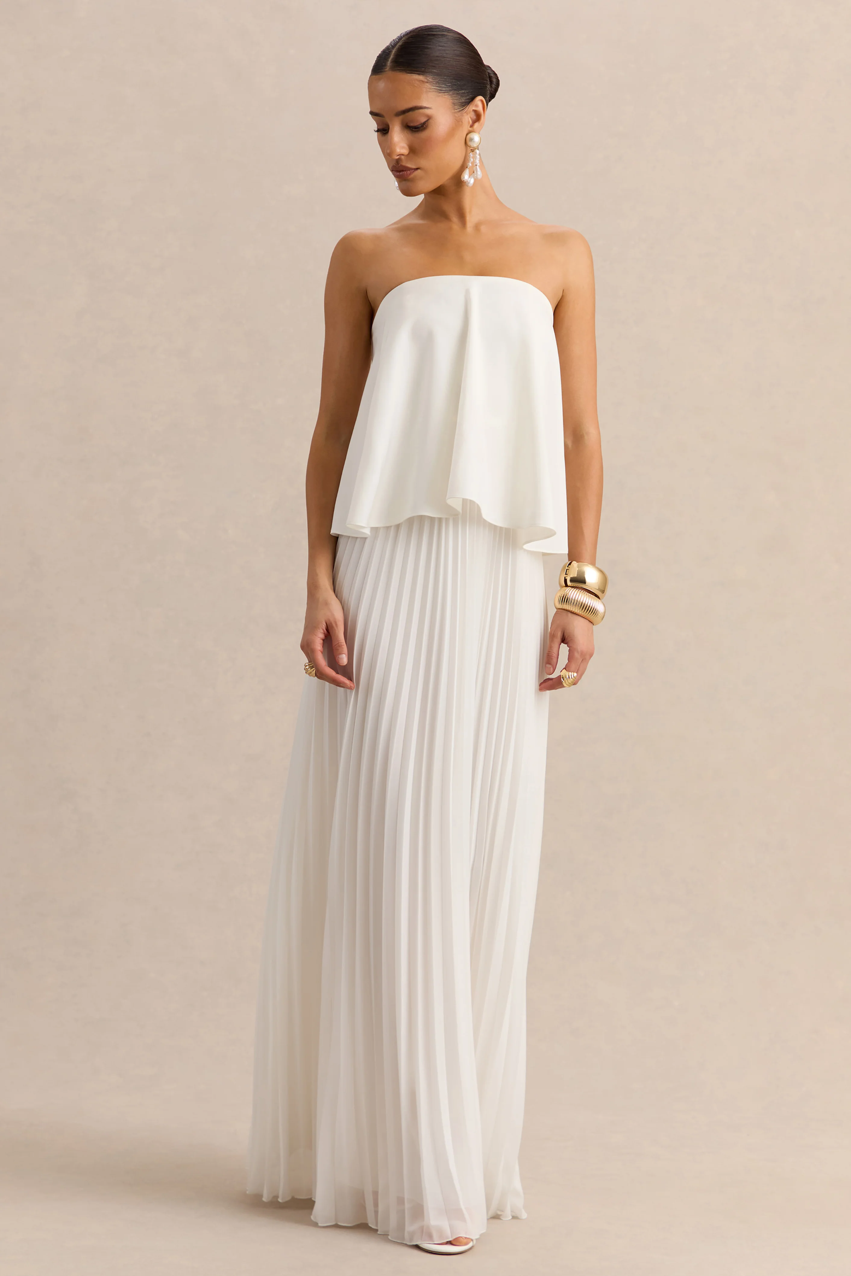 Saralyn | White Bandeau Maxi Dress With Pleated-Skirt