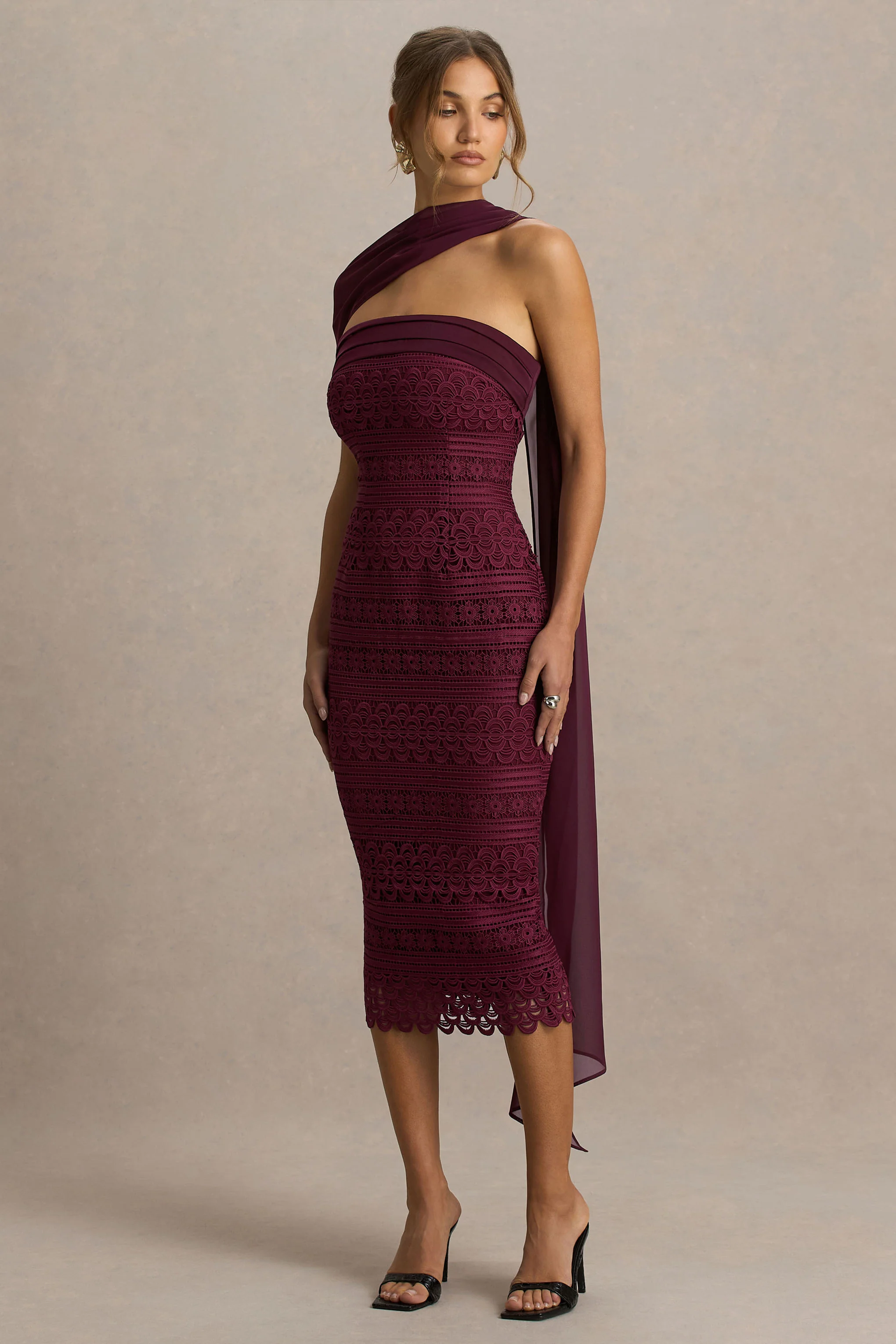 Secret | Burgundy Bandeau Lace Midi Dress With Scarf Detail - Image 5