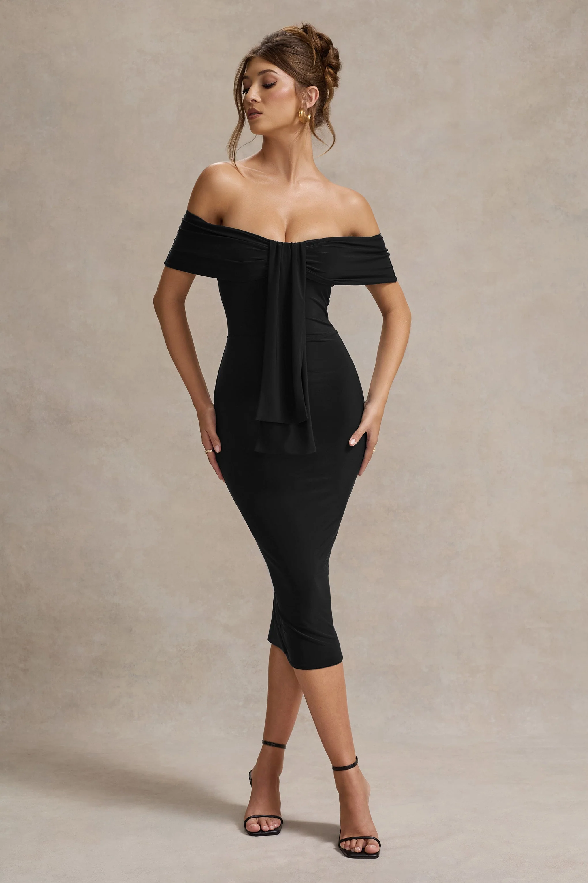 Selbie | Black Bardot Midi Dress With Drape - Image 5