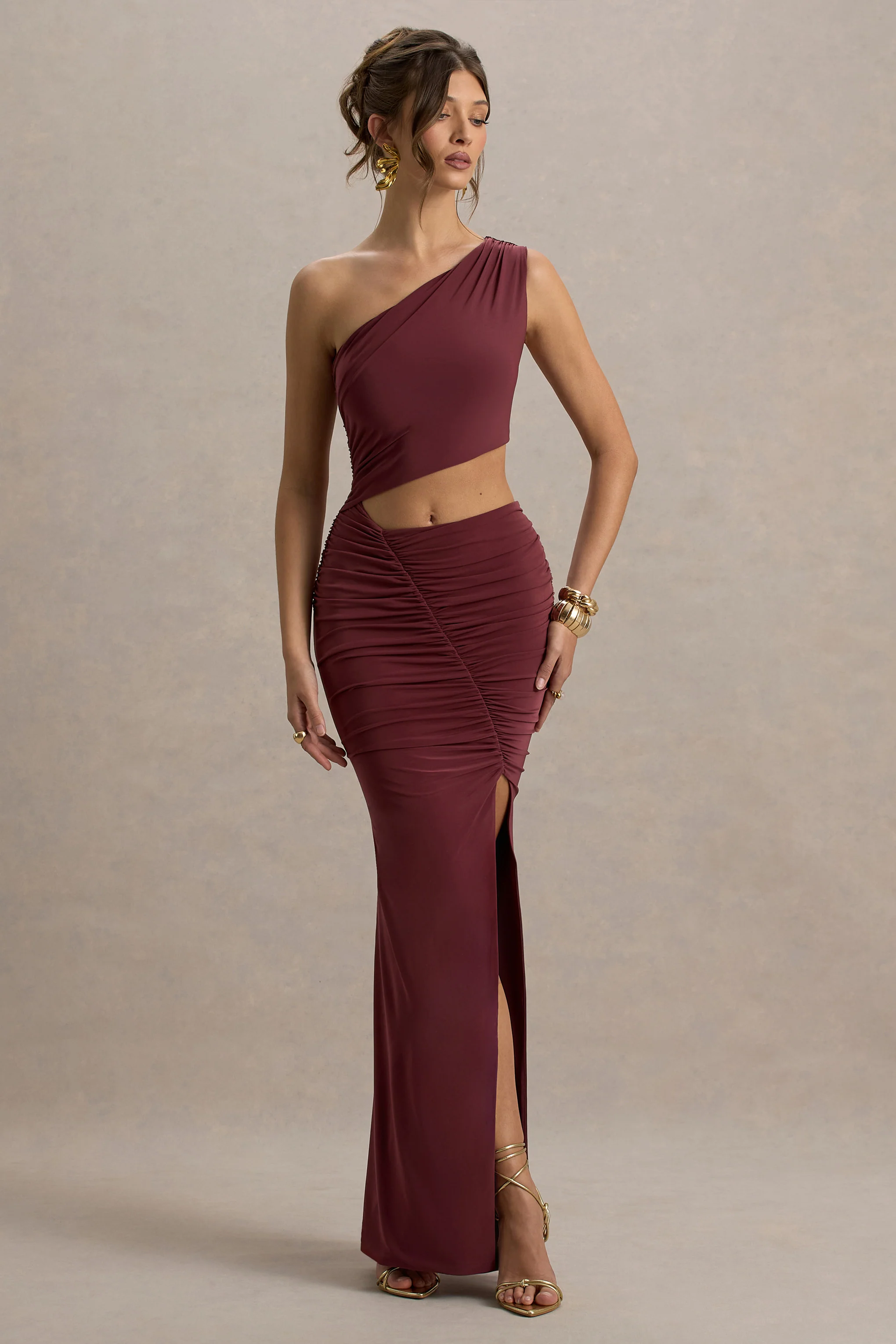 Sena | Burgundy Asymmetric Maxi Dress With Cut Out Details - Image 4