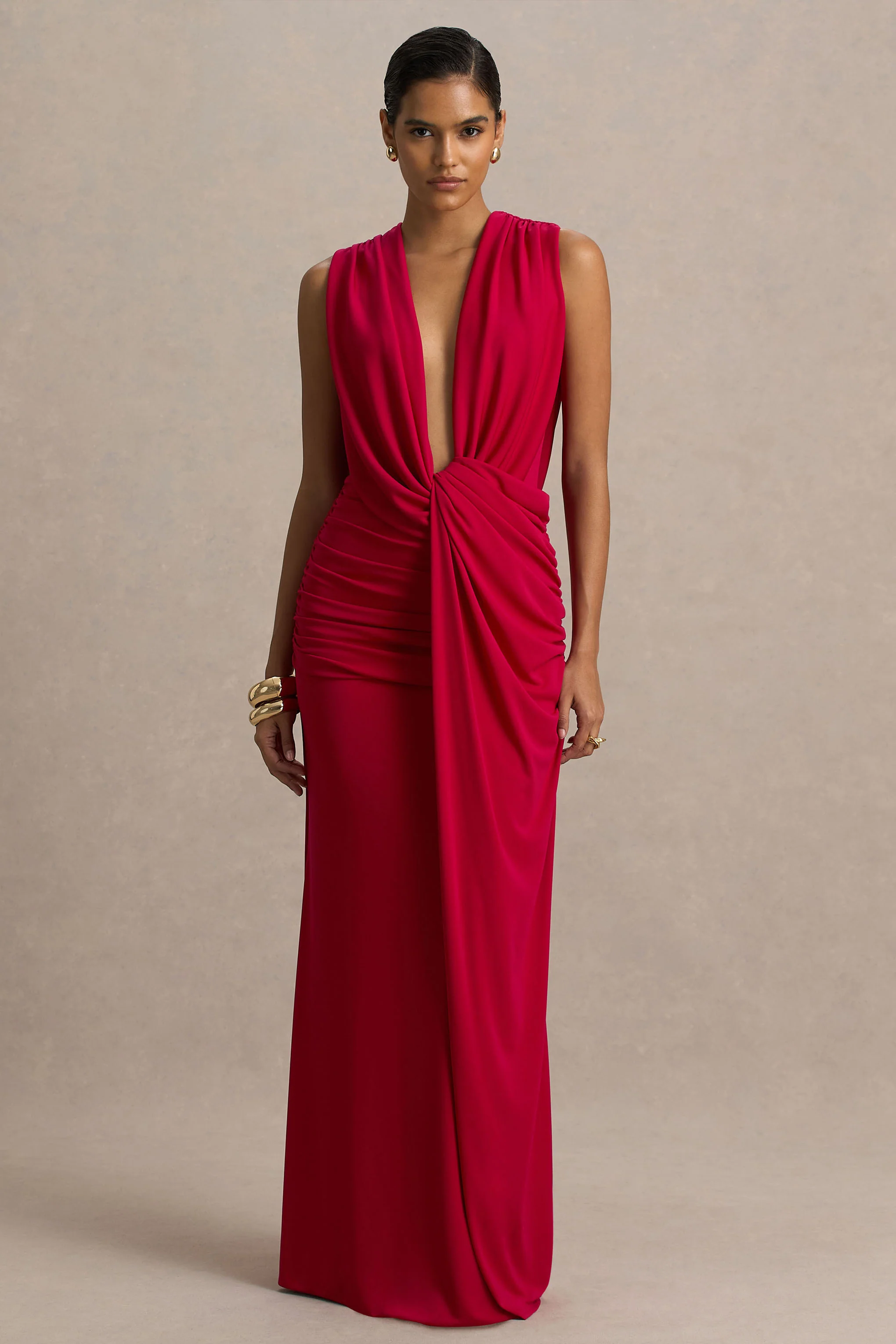 Serafina | Red Extreme-Plunge Maxi Dress With Ruched Detailing And Open-Back - Image 3