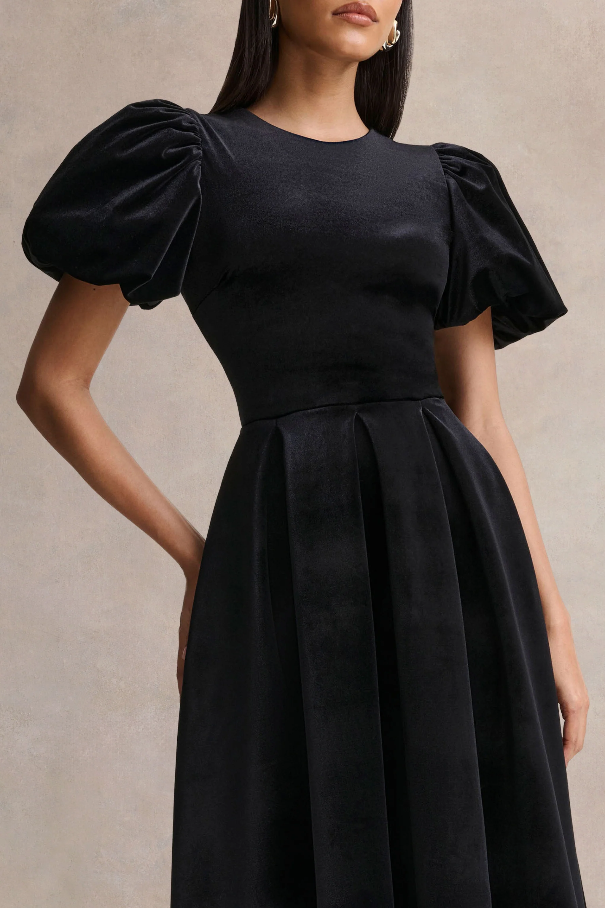 Seraphic | Black Velvet Puff-Sleeve Midi Dress - Image 3
