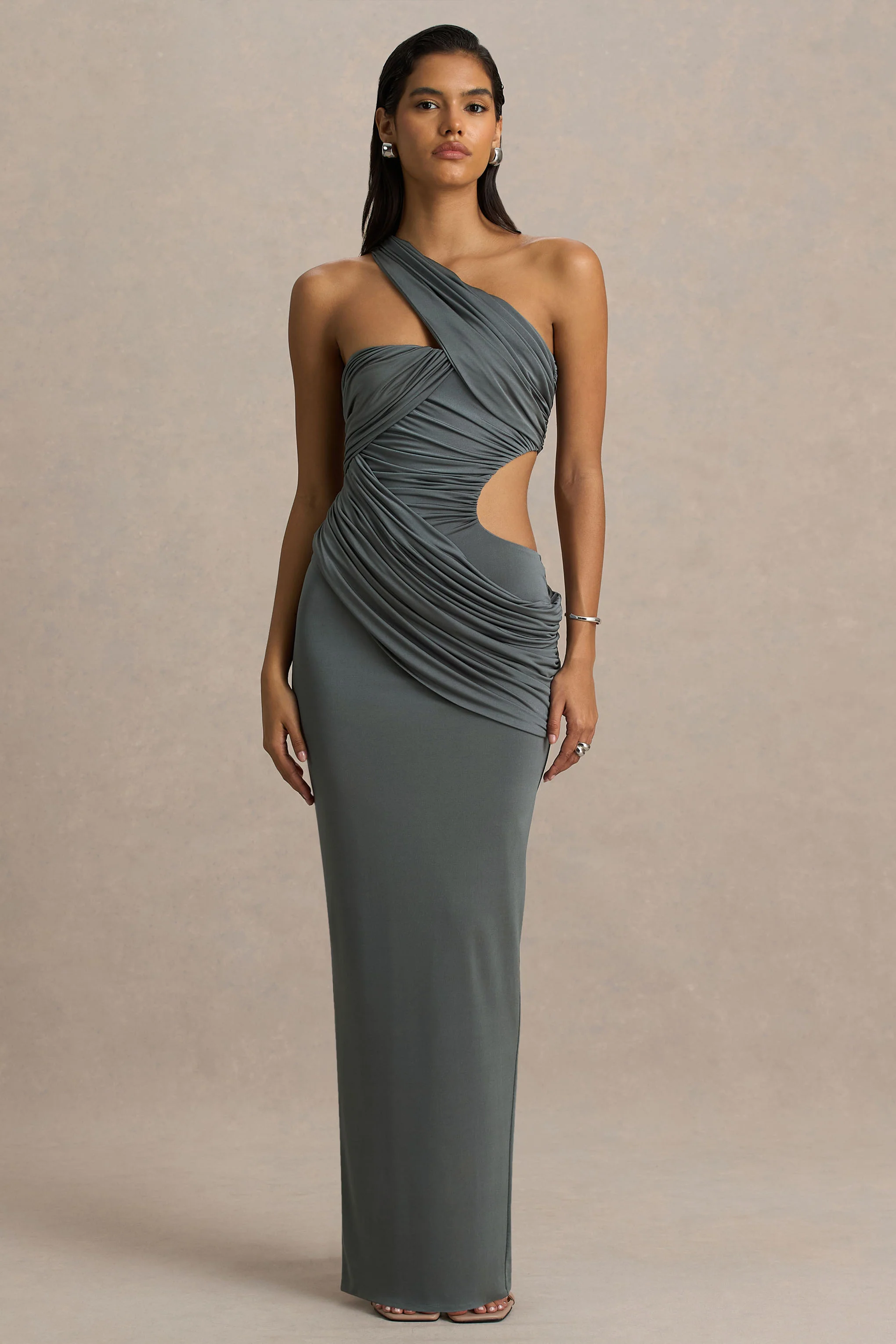 Serefine | Grey Asymmetric-Neck Maxi Dress With Body Cut-Out - Image 4