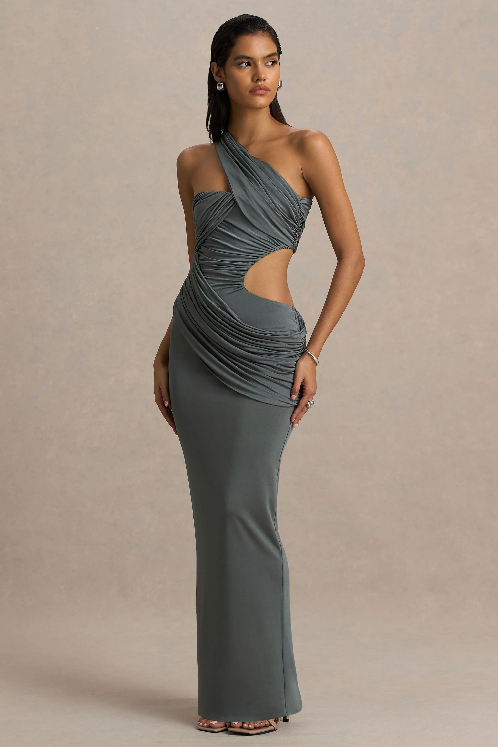 Serefine | Grey Asymmetric-Neck Maxi Dress With Body Cut-Out - Image 5
