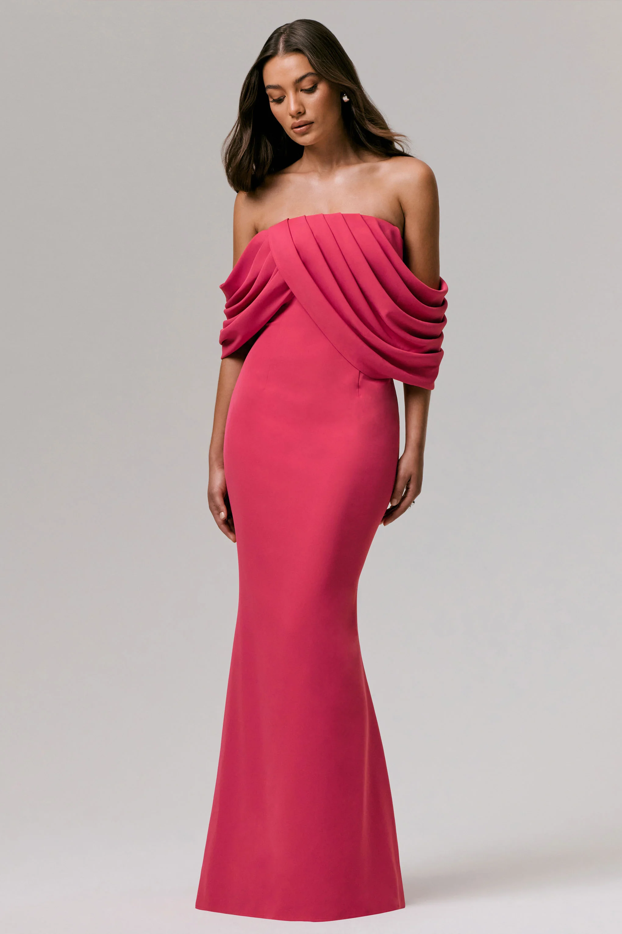 Serene | Hot Pink Draped Bardot Maxi Dress - Image 4