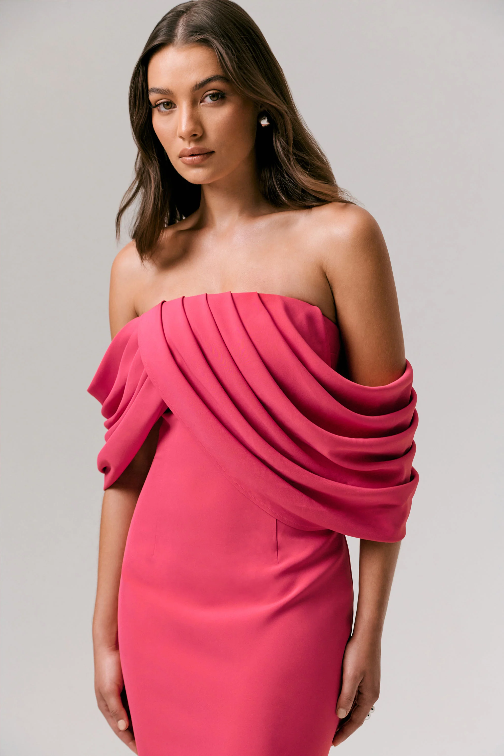 Serene | Hot Pink Draped Bardot Maxi Dress - Image 5