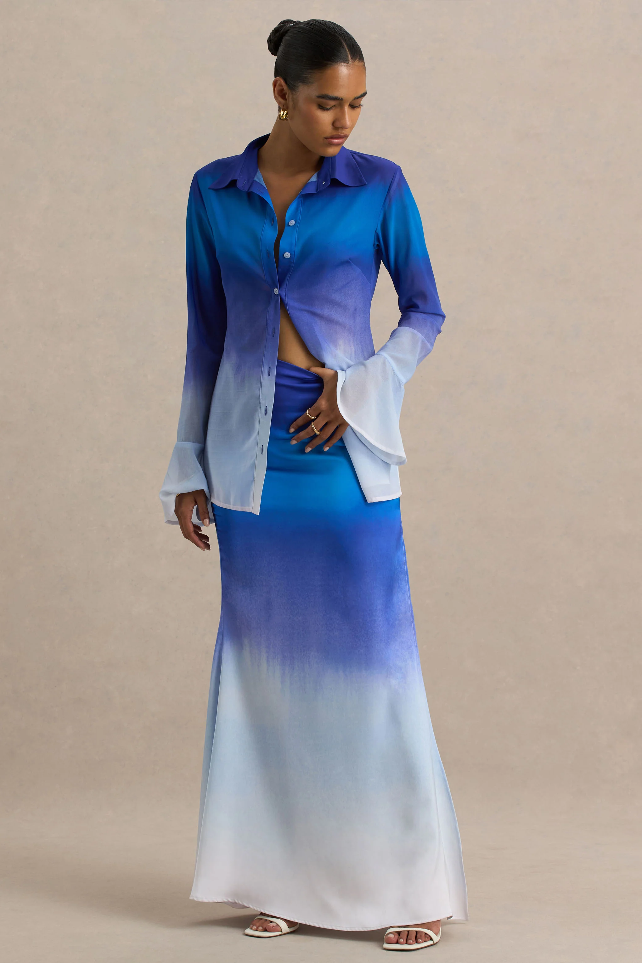 Serita | Blue Ombre Satin Split Maxi Skirt - Image 3