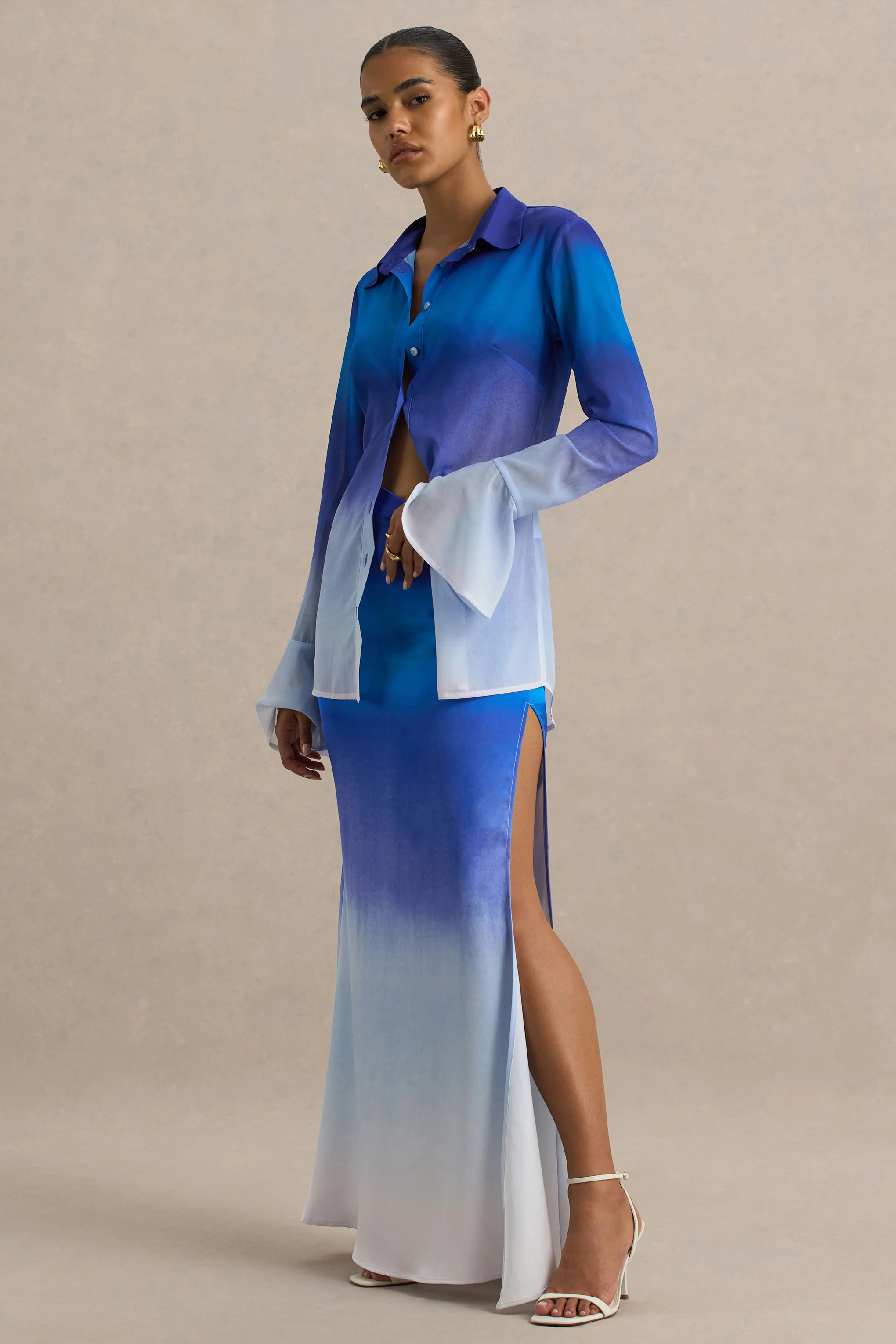 Serita | Blue Ombre Satin Split Maxi Skirt - Image 4