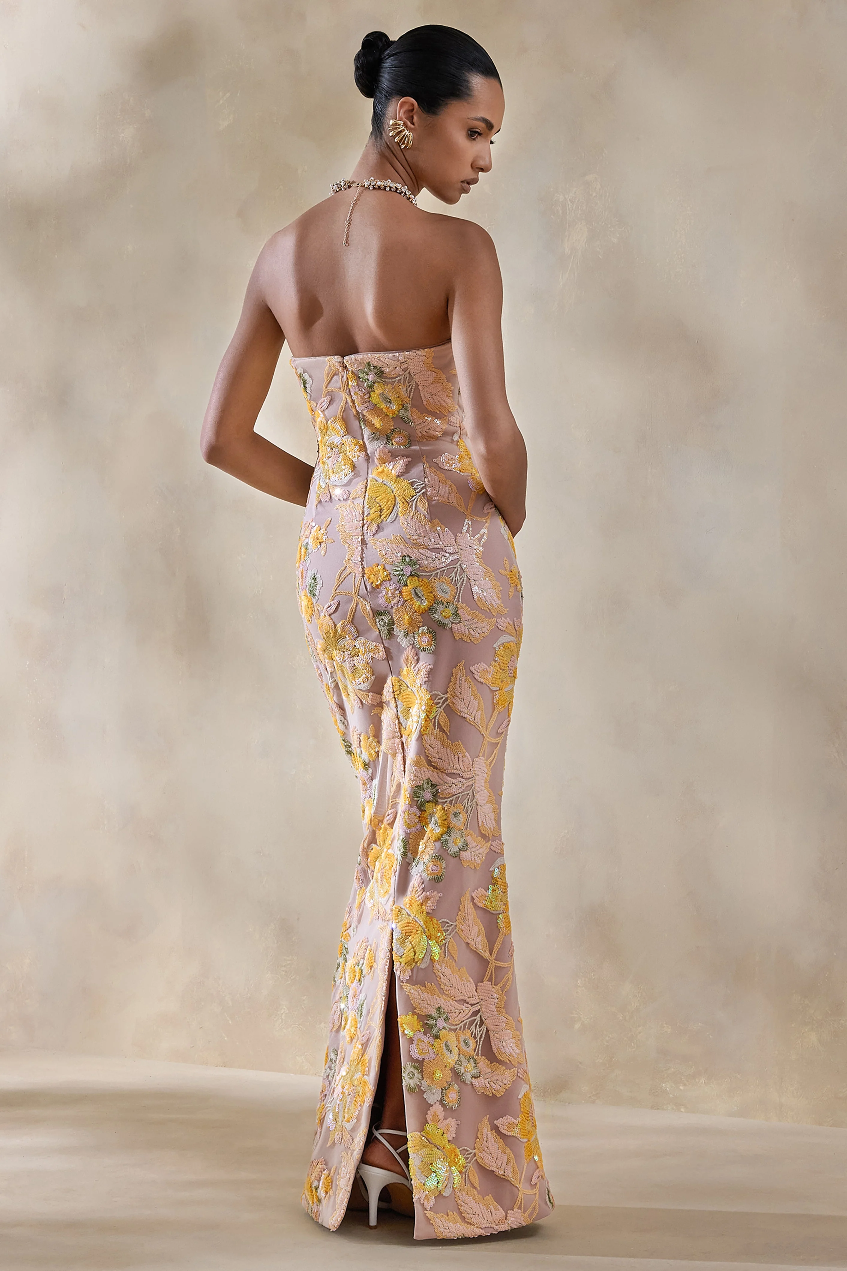 Severn | Yellow Embellished Floral Bandeau Maxi Dress - Image 2