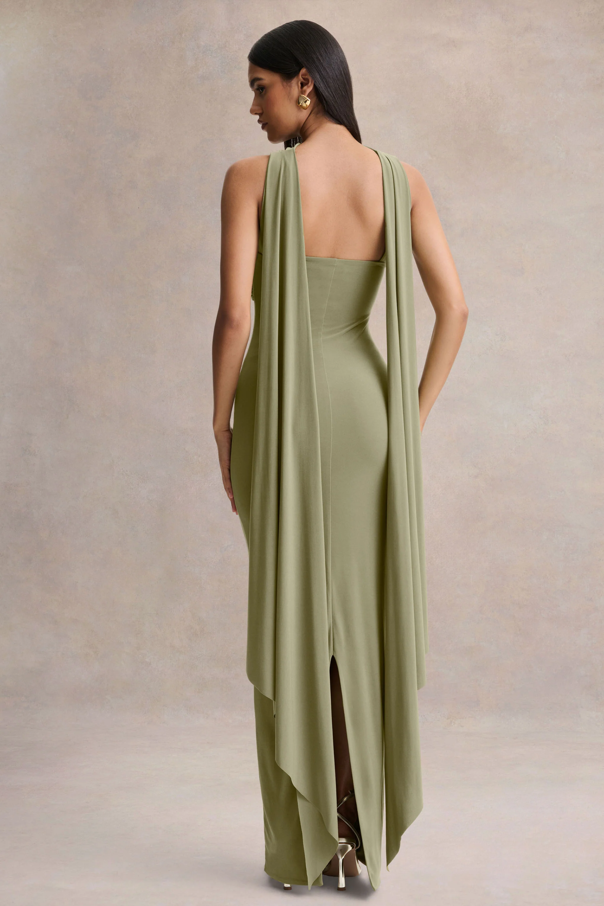 Sheila | Olive Bandeau Maxi Dress With Scarf Detail - Image 2