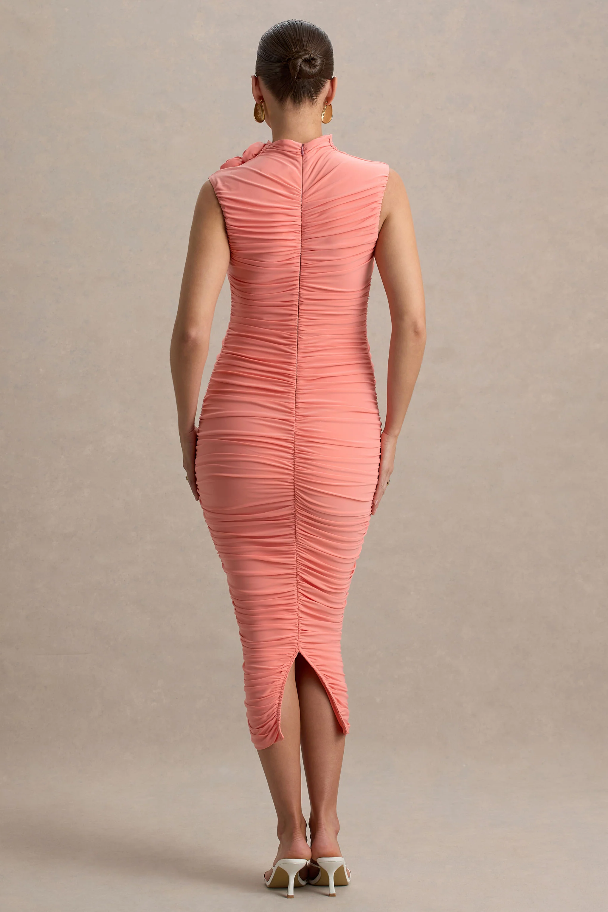 Shellie | Coral High-Neck Maternity Midi Dress With Corsage Detail - Image 2