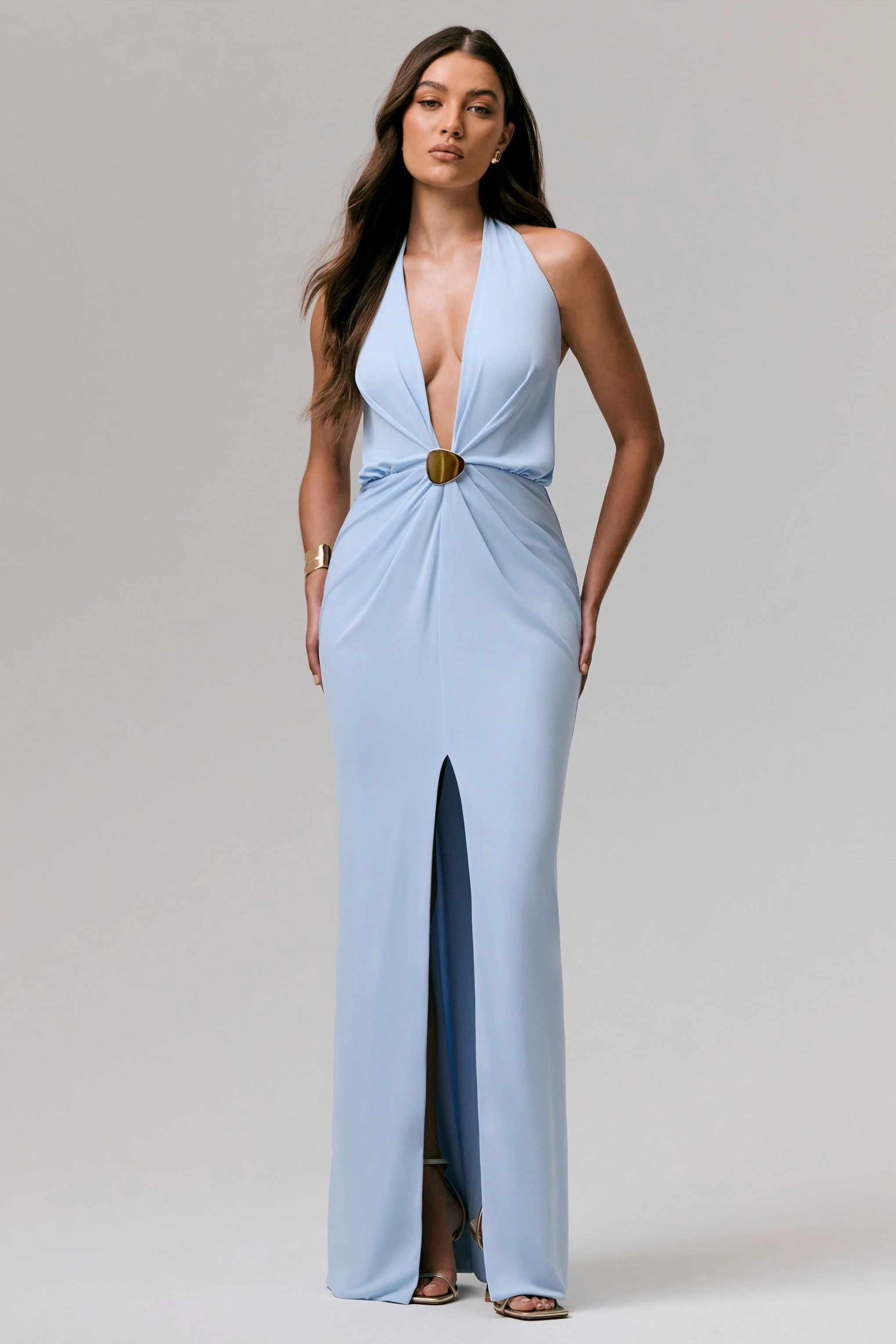 Shooting Star | Powder Blue Plunge-Neck Wrap Maxi Dress With Waist Detail - Image 5