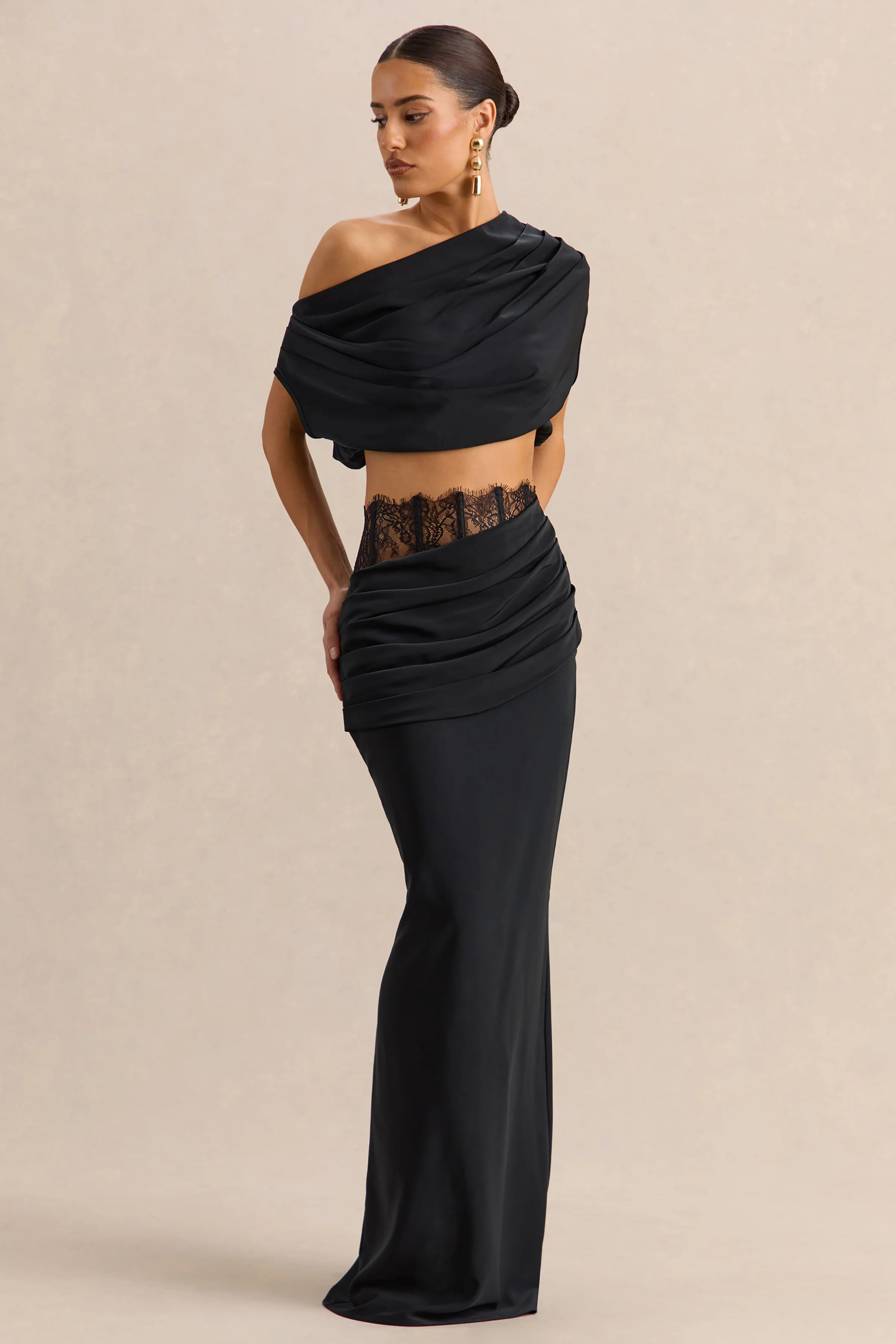 Silora | Black Satin Maxi Skirt With Lace-Detail - Image 4