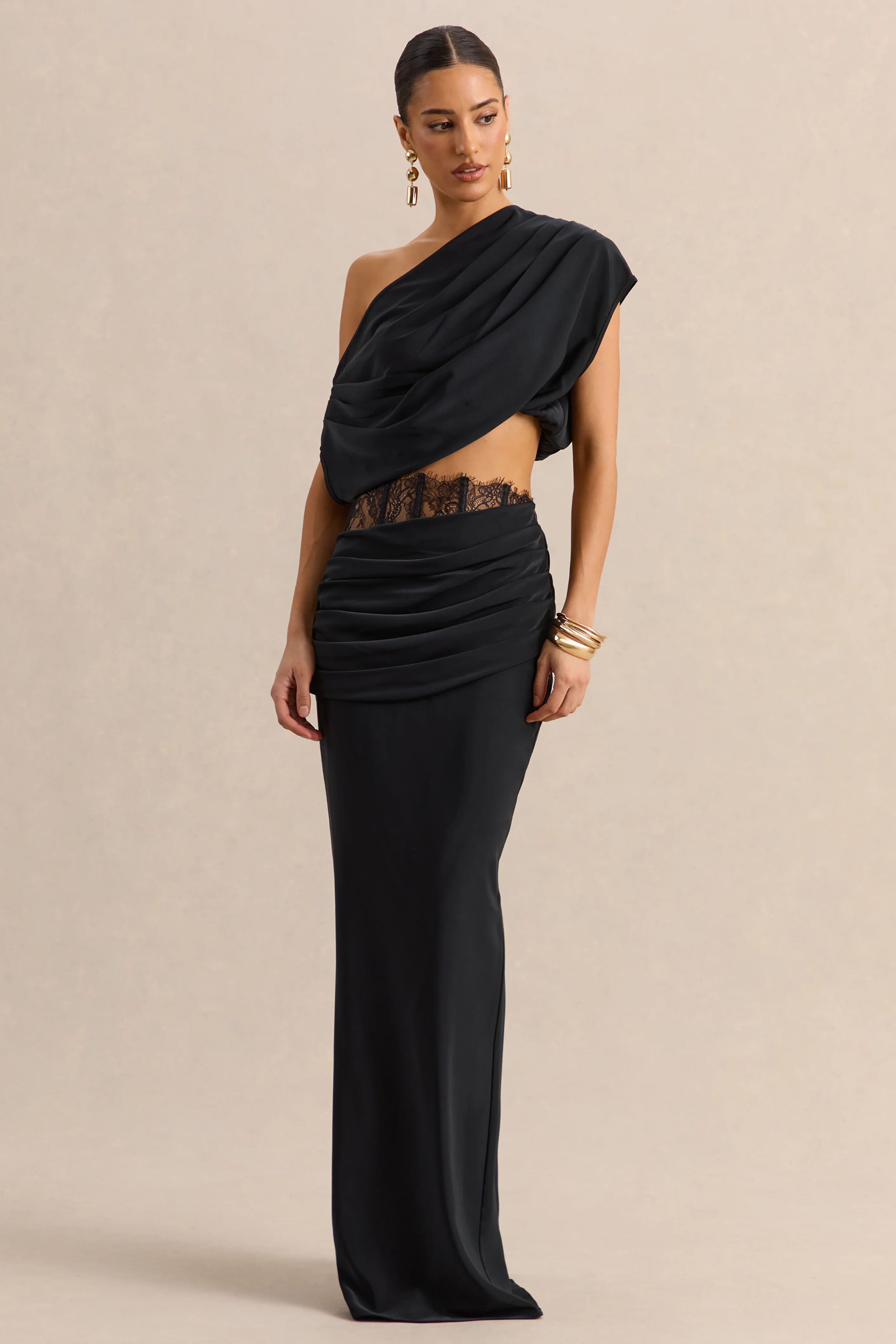 Silora | Black Satin Maxi Skirt With Lace-Detail - Image 5