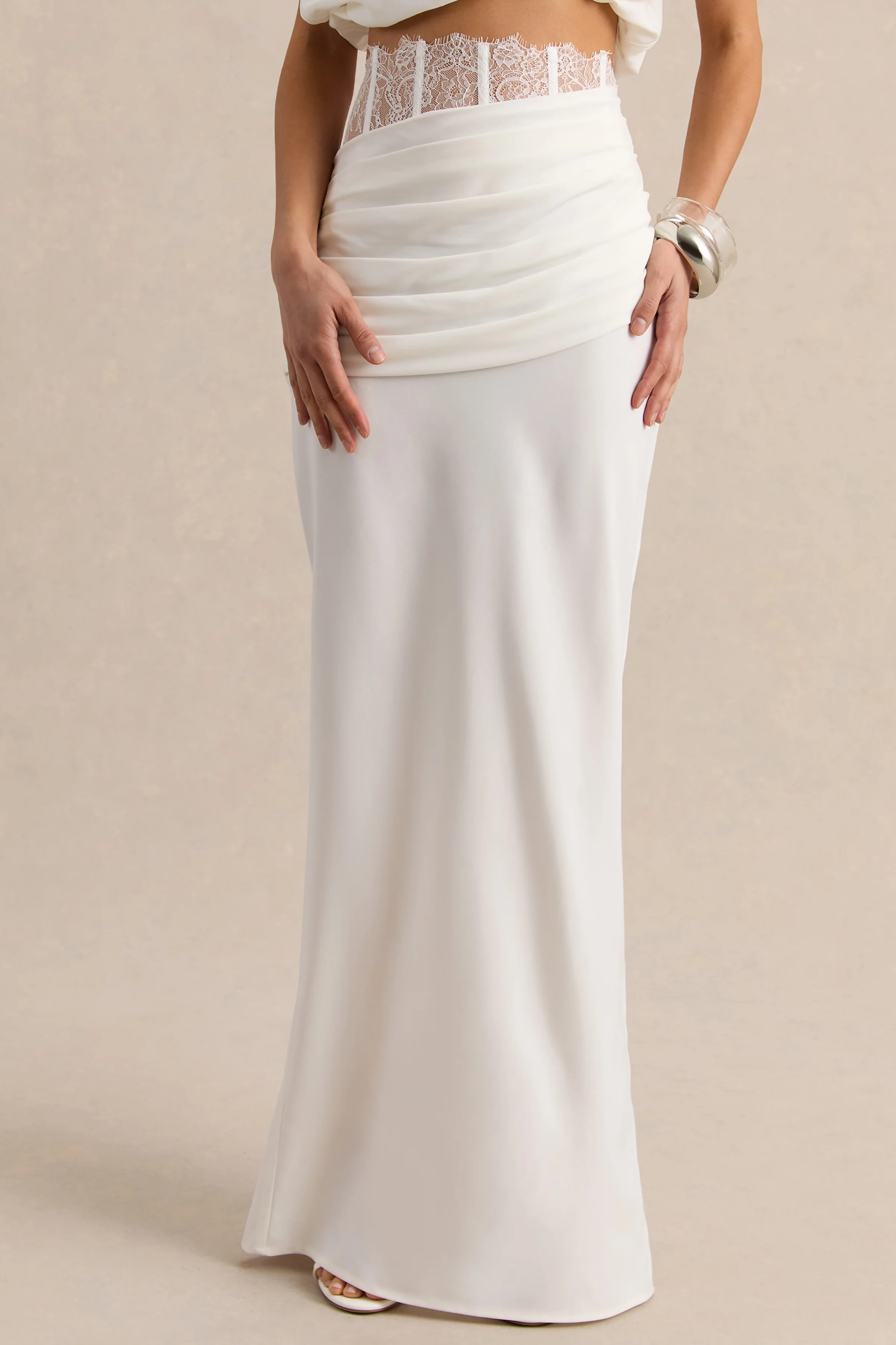 Silora | White Satin Maxi Skirt With Lace-Detail - Image 3