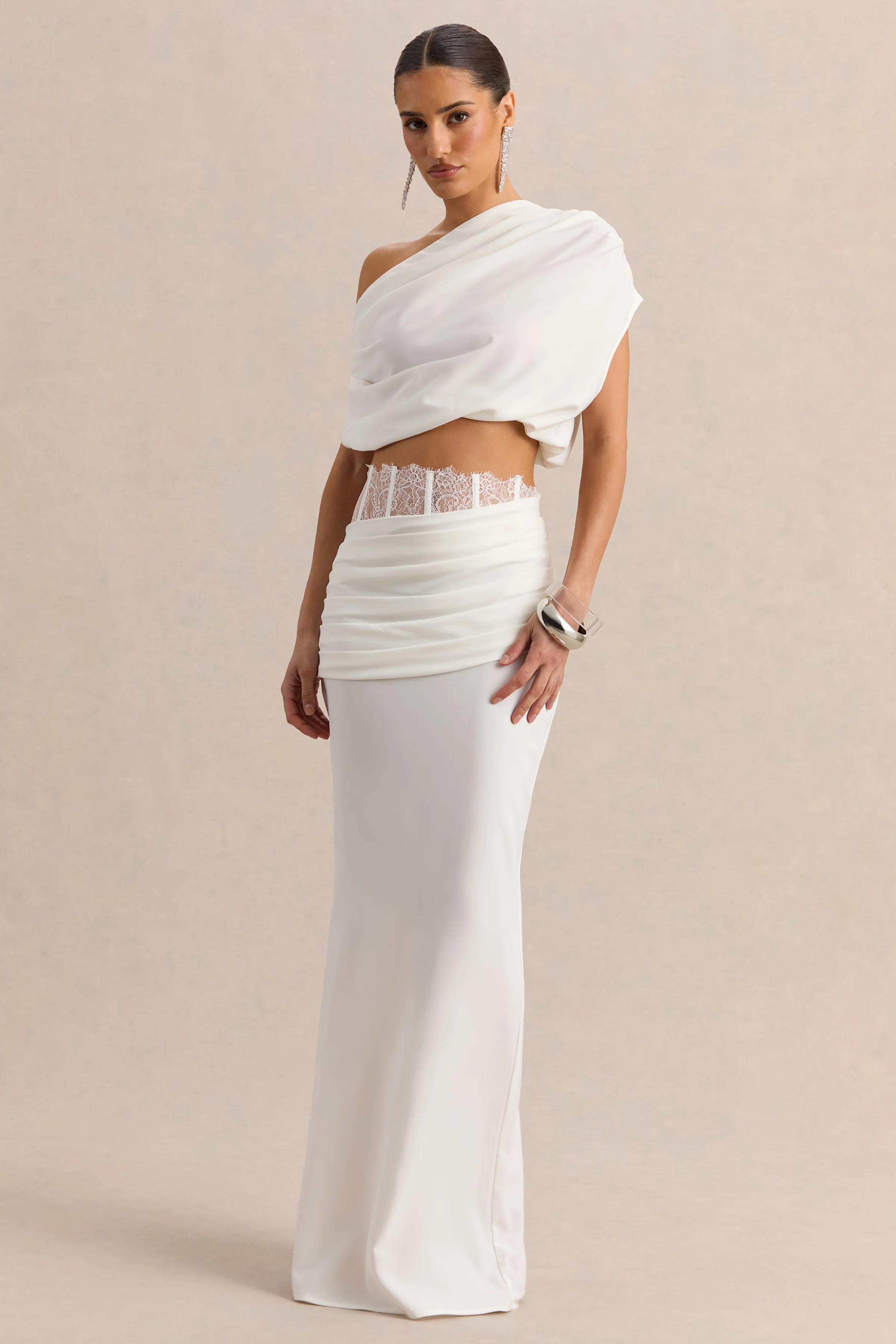 Silora | White Satin Maxi Skirt With Lace-Detail - Image 4