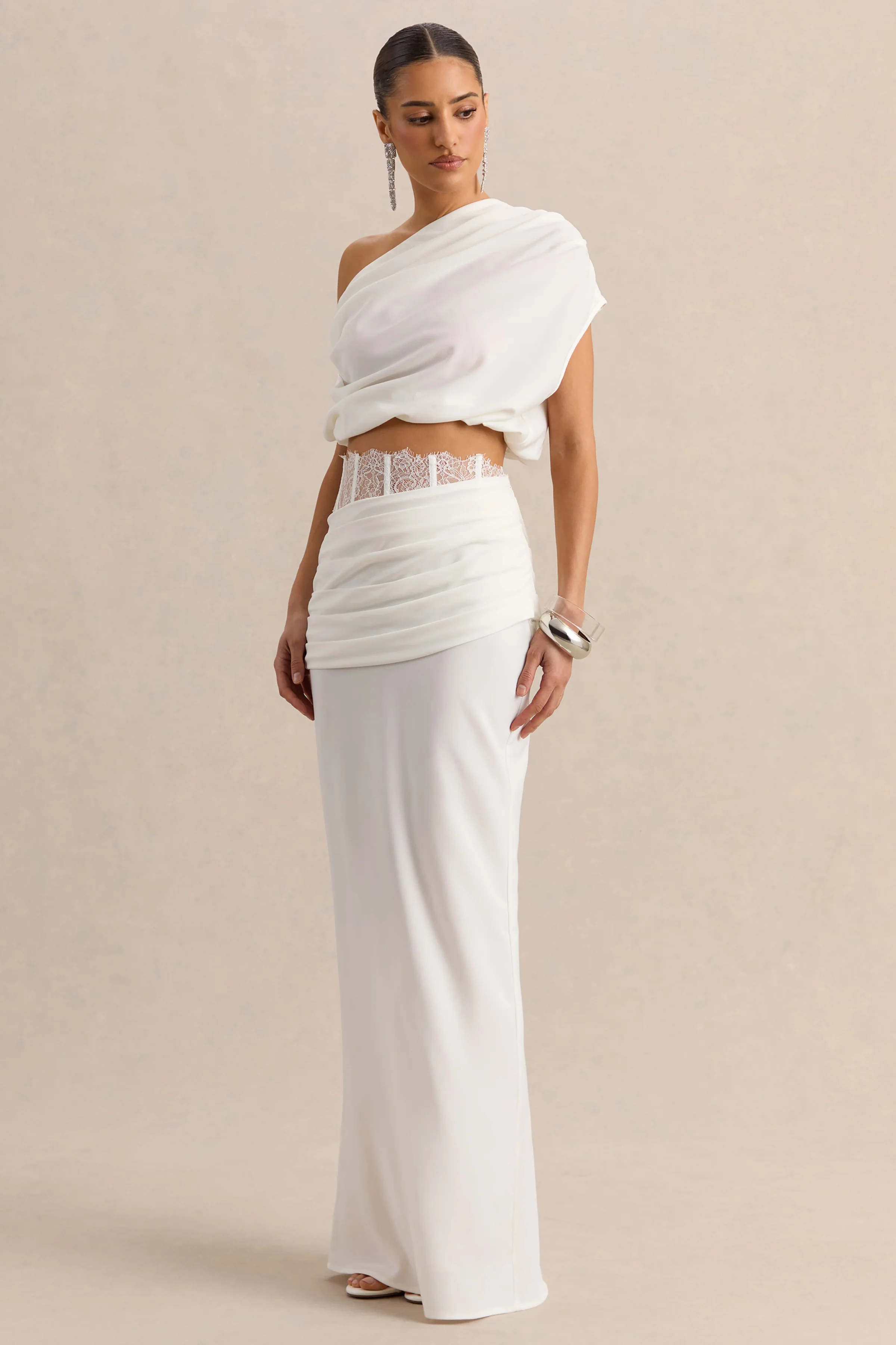 Silora | White Satin Maxi Skirt With Lace-Detail - Image 6