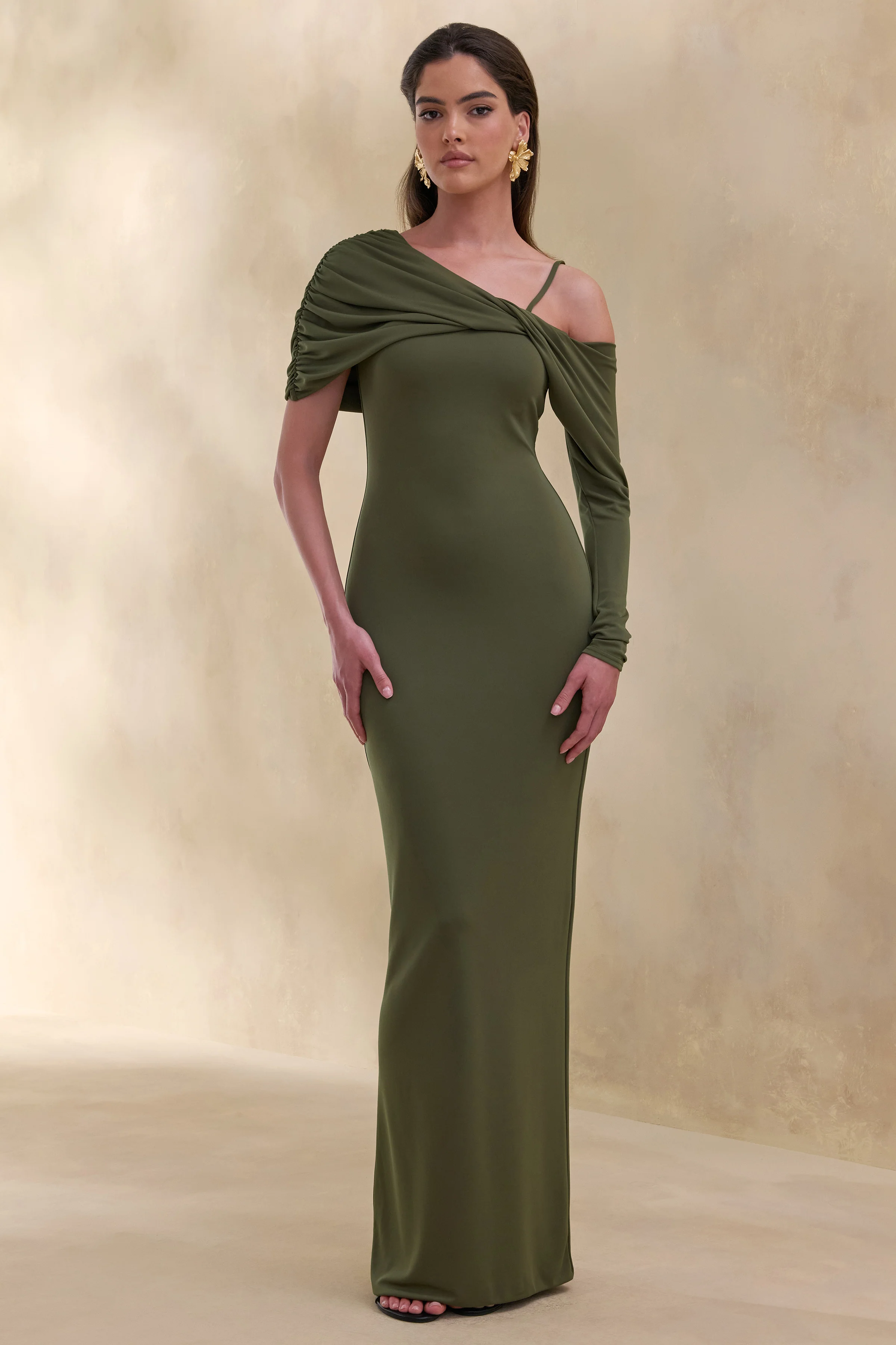 Silvaria | Olive Twisted Asymmetric-Neck Maxi Dress - Image 3