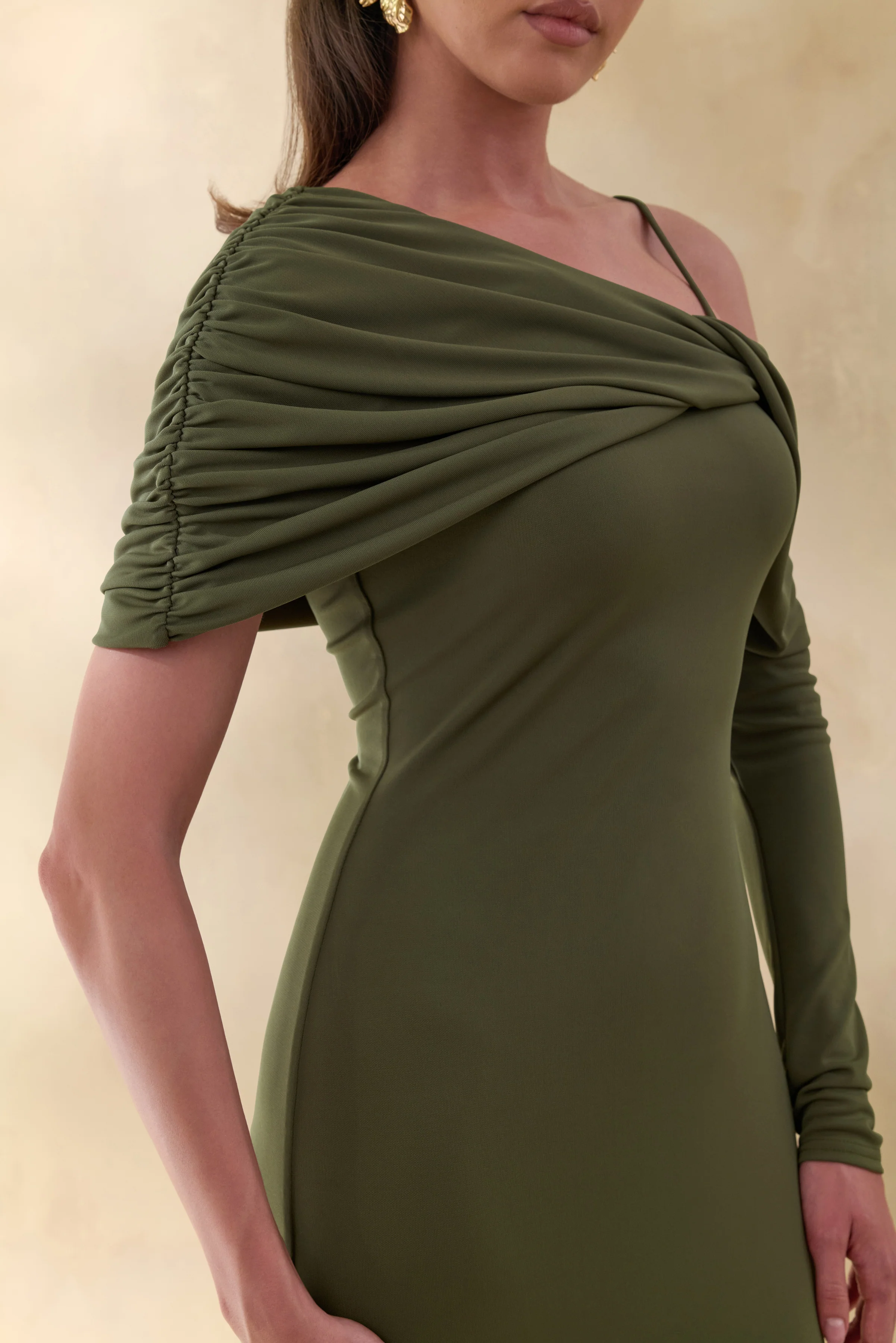 Silvaria | Olive Twisted Asymmetric-Neck Maxi Dress - Image 4