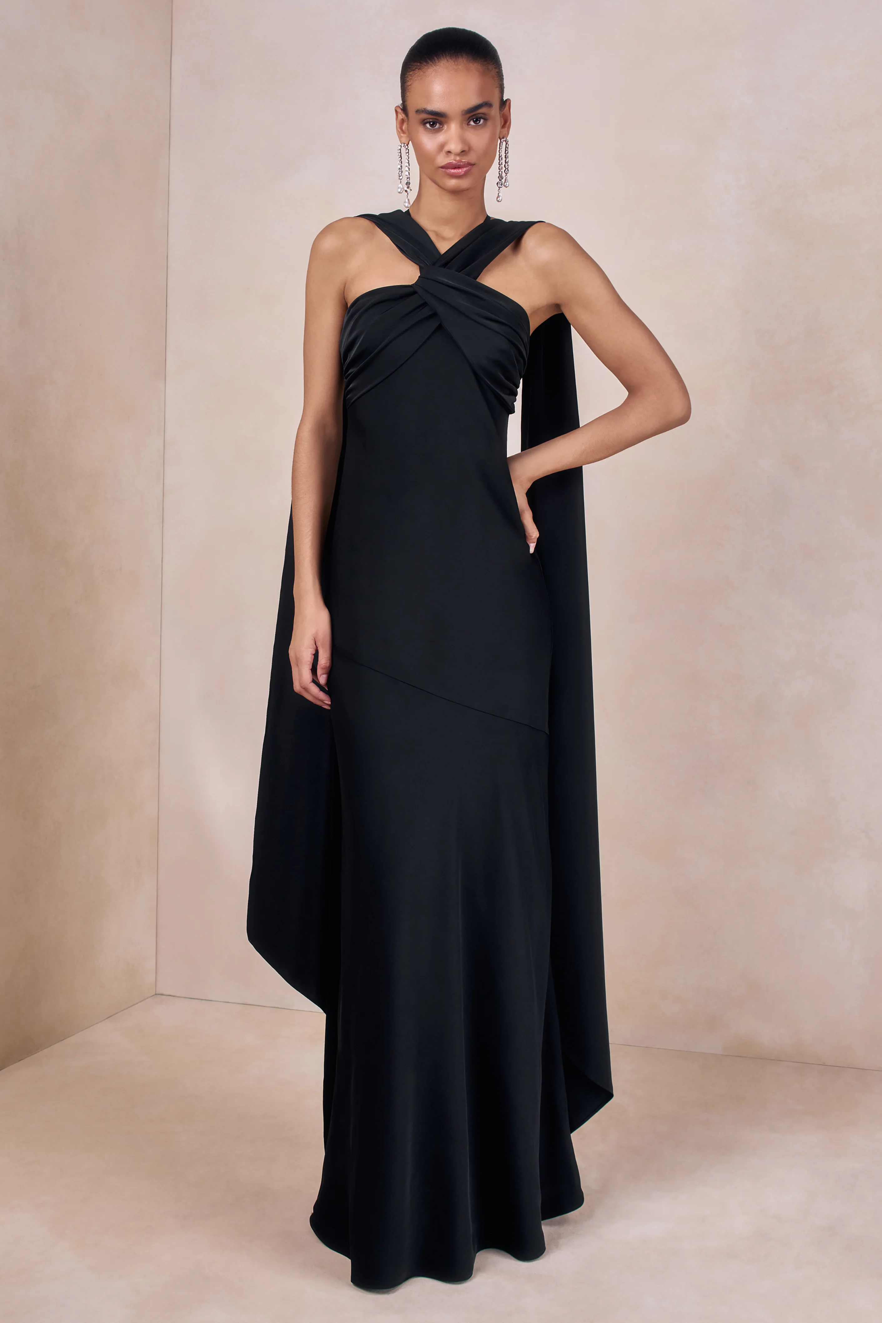 Sloane | Black Matte Satin Halter-Neck Maxi Dress With Cape