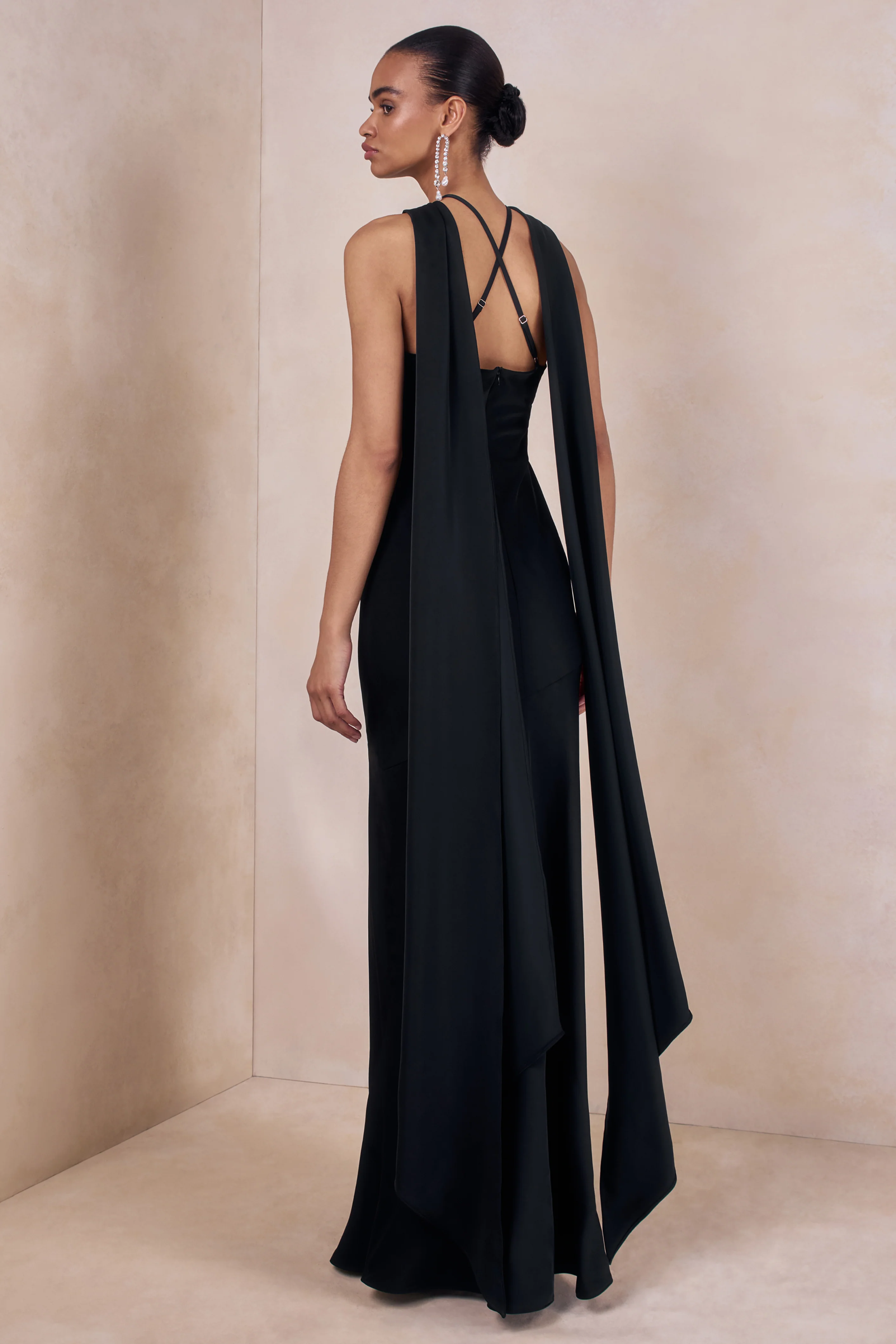 Sloane | Black Matte Satin Halter-Neck Maxi Dress With Cape - Image 2