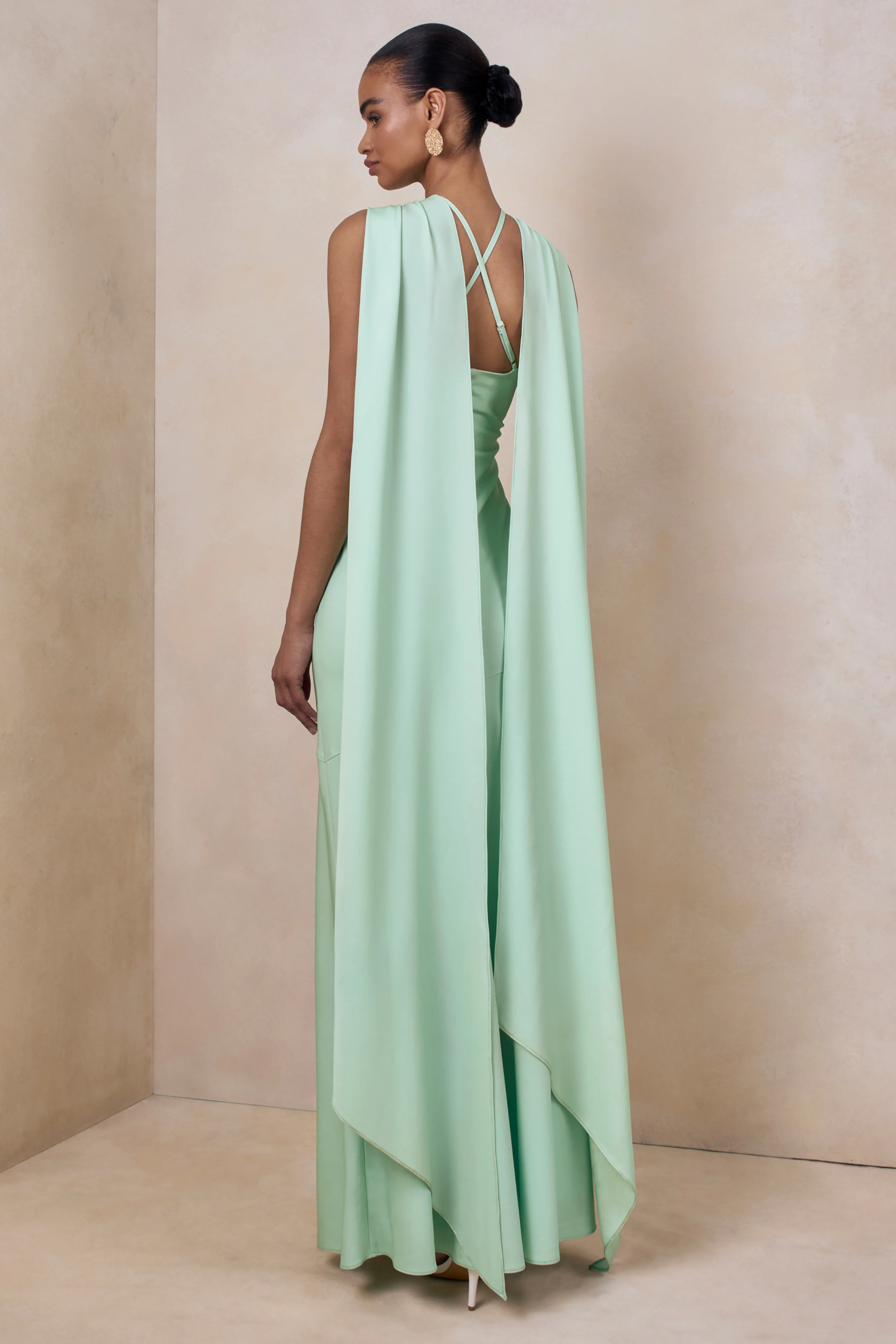Sloane | Mint Matte Satin Halter-Neck Maxi Dress With Cape - Image 3
